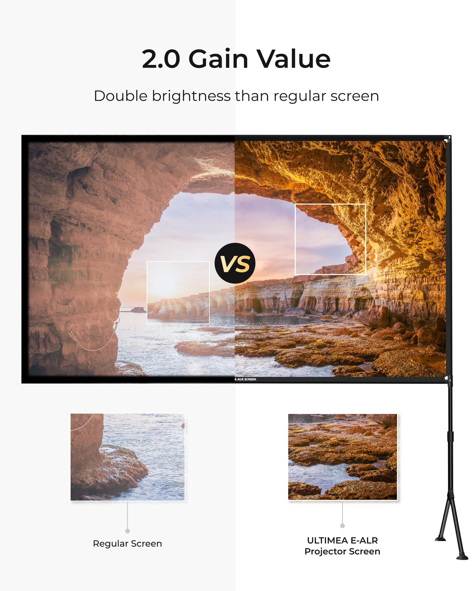 ULTIMEA E-ALR 100-Inch Portable Projector Screen with Stand - 4K HD ALR Movie Screen (80% Ambient Light Rejection, 2.0 Gain) for Home Theater & Outdoor Daytime Use - Perfect for Backyard Movie Nights, Gaming, and Office Presentations - Photon 100 Series