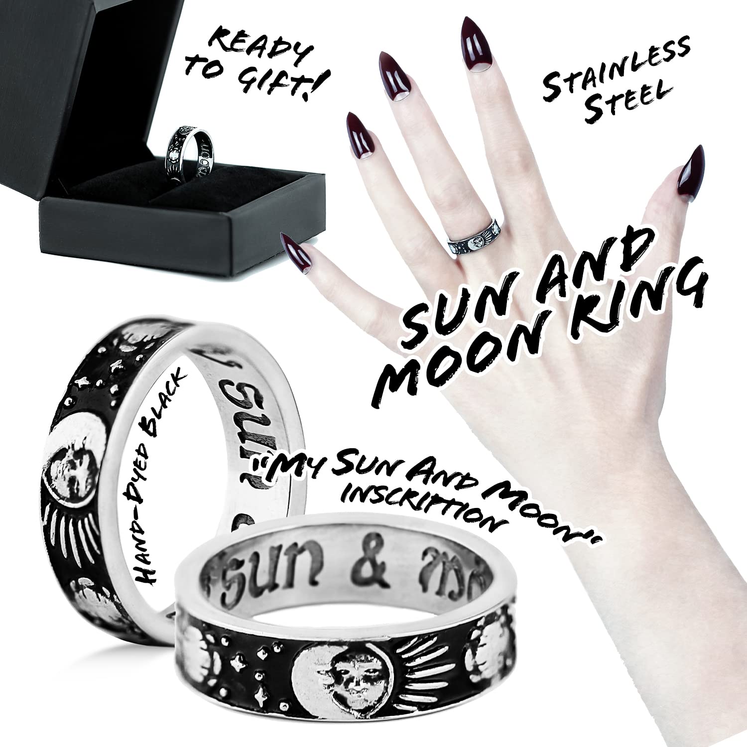 Rogue+Wolf Moon and Sun Ring Set for Couples - Silver Celestial Promise Rings with Galaxy Design, Anxiety Relief Spinner Rings - Perfect for Anniversaries, Weddings, and Romantic Gifts