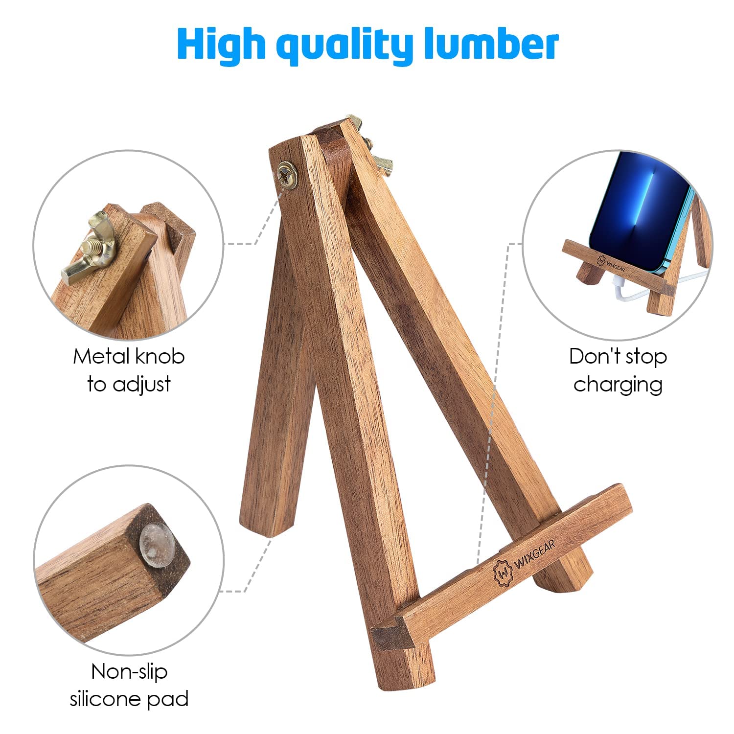 WixGear Wooden Easel Stand - Adjustable Phone & Tablet Holder for iPhone, iPad, Samsung - Artist Canvas Style Desktop Organizer - Perfect for Video Calls, Online Classes, and Digital Art Display