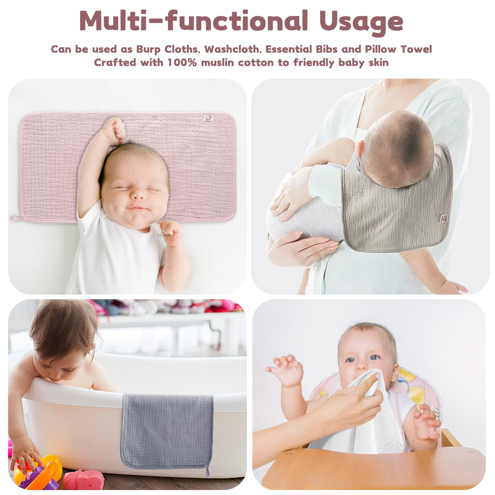 **Bearmoss Muslin Burp Cloths - 100% Cotton Baby Burping Clothes for Newborns (6 Pack, 20x10in) | Ultra Soft & Absorbent for Boys & Girls | Perfect for Feeding, Spit-Up & Messy Moments**
