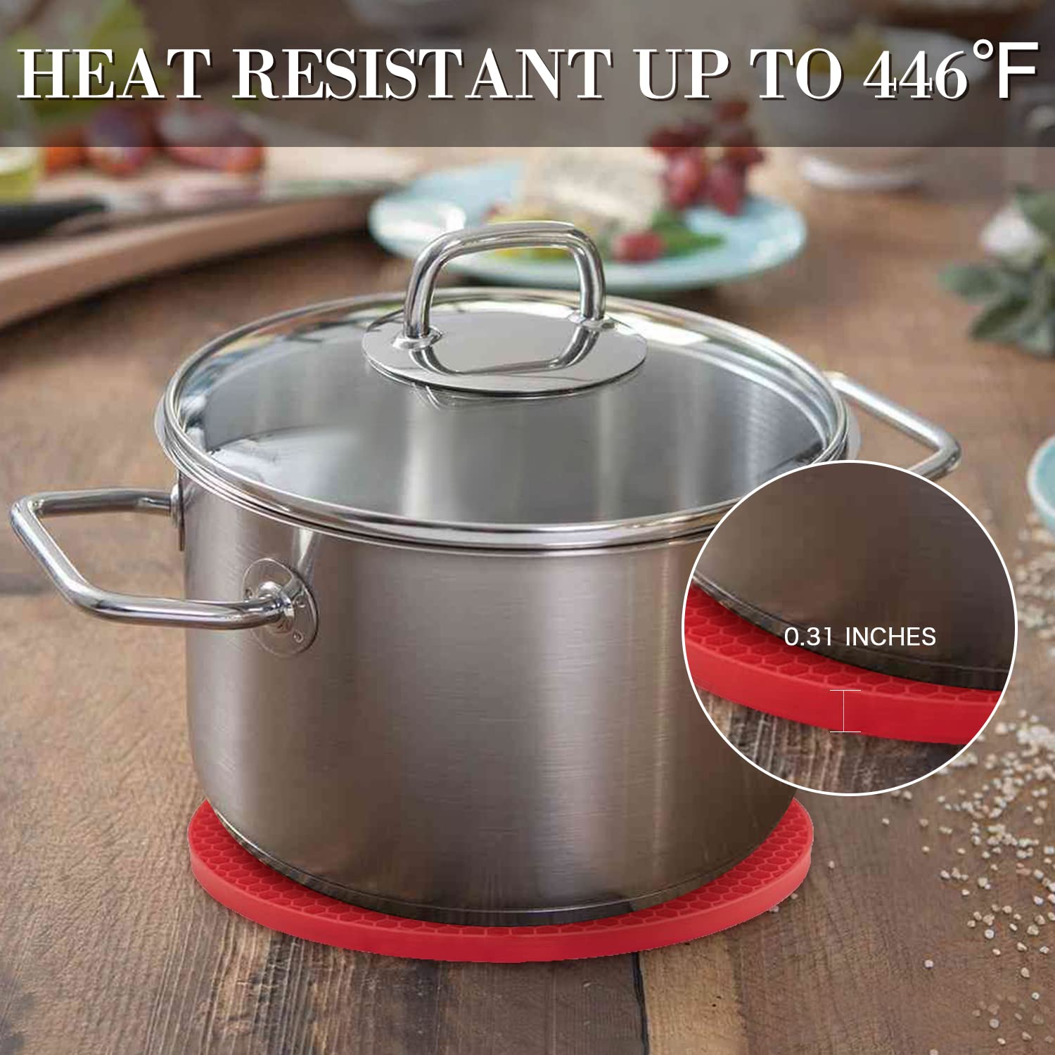 Heat Resistant Silicone Trivets for Hot Pots & Pans - 4PCS Oversized Kitchen Pot Holders, Hot Pads, Spoon Holder & Jar Opener - Non-Slip Drying Mat for Countertops (Red) - Perfect for Cooking, Baking & Serving Dishes