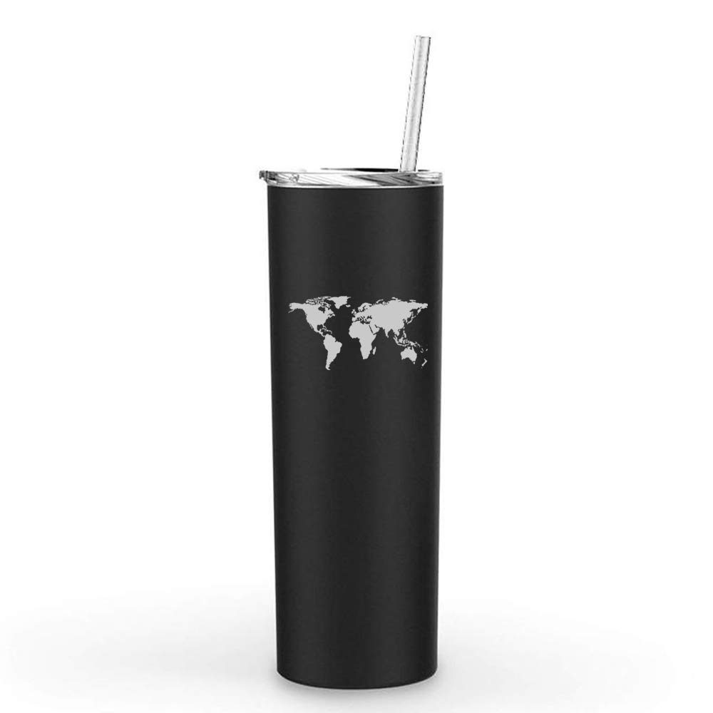 20 oz Skinny Tall Stainless Steel Vacuum Insulated Tumbler with Straw - World Map Design Travel Mug (Black) - Perfect for Coffee, Tea & Cold Drinks On The Go, Office Commute & Outdoor Adventures