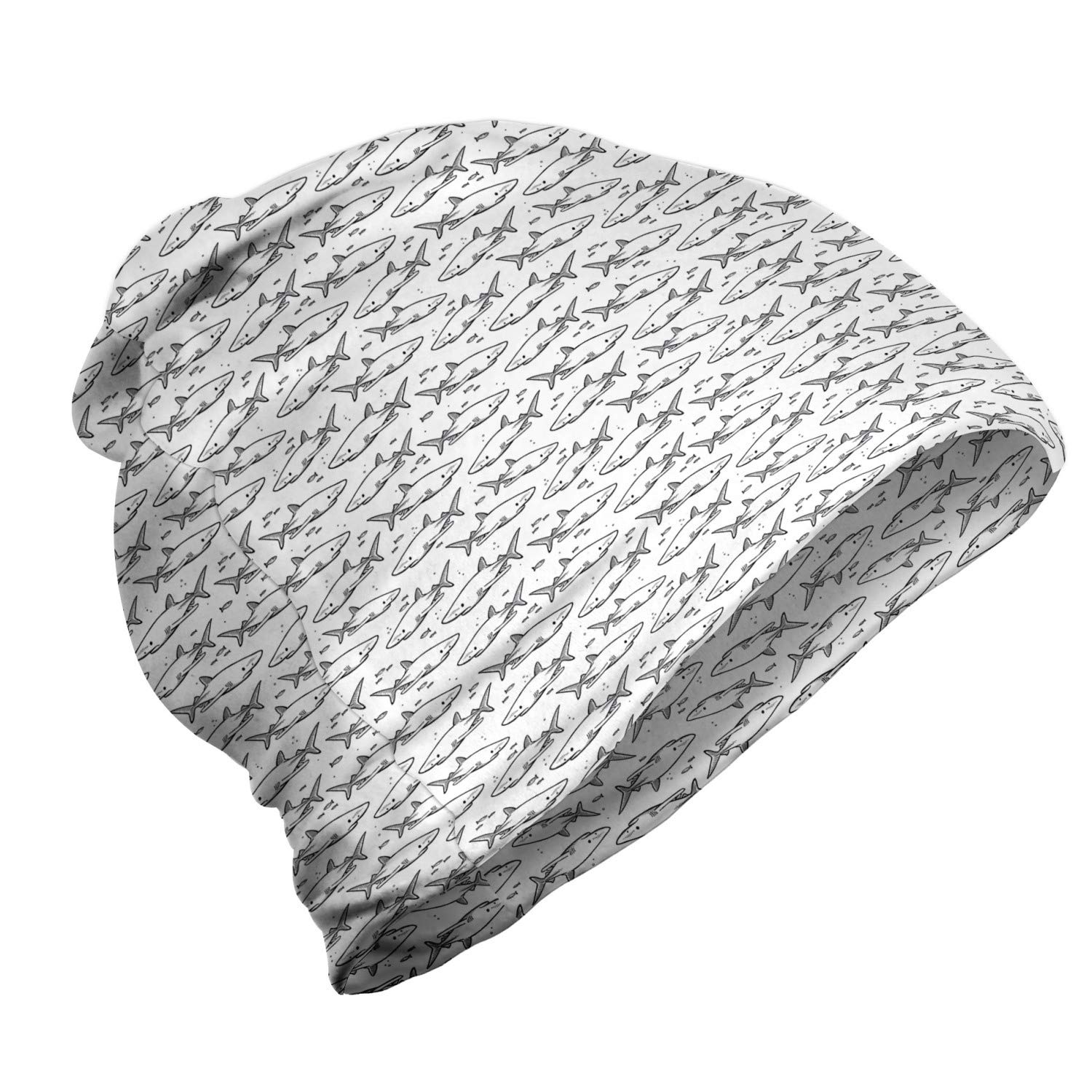 Ambesonne Unisex Beanie - Big Small Sketch Fishes Design - Black & White Knit Hat for Men & Women - Perfect for Hiking, Outdoor Activities & Winter Fashion