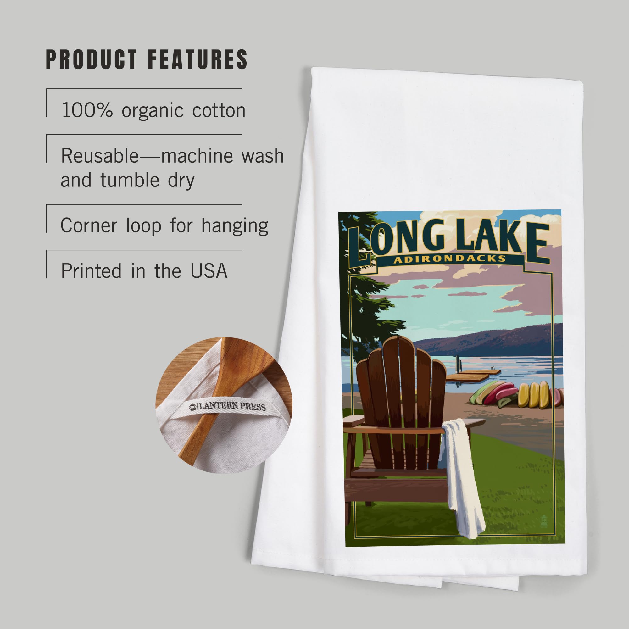 Adirondack Chair 100% Cotton Tea Towel - Decorative Hand Towel for Kitchen & Home - Long Lake, New York Themed - Perfect for Dish Drying, Gift Giving & Cabin Decor