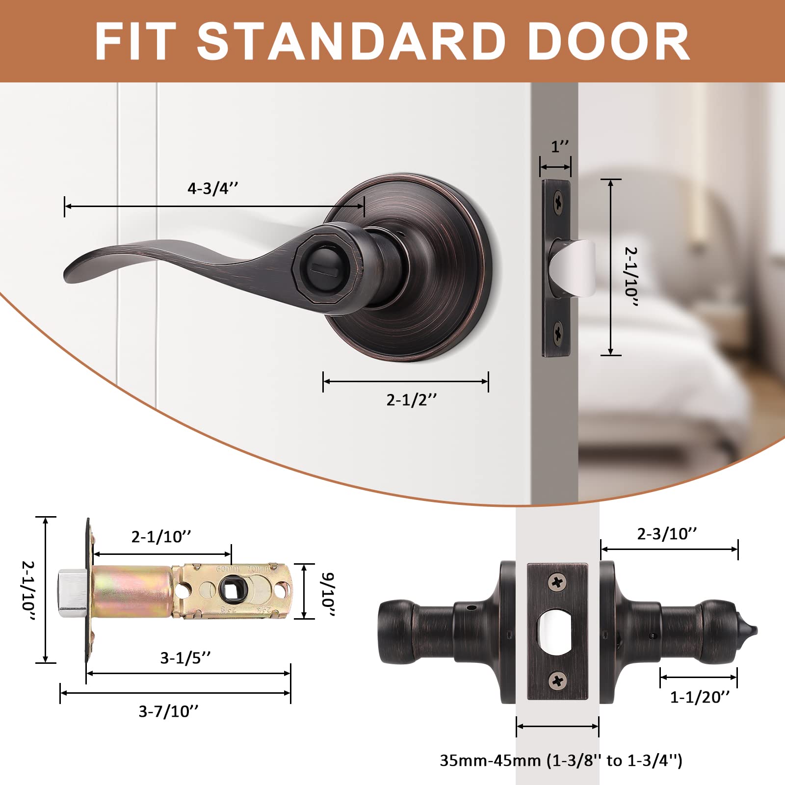 6 Pack Privacy Door Lever with Thumb Turn Lock - Keyless Oil Rubbed Bronze Wave Door Handle Set for Bedroom & Bathroom Doors (Reversible Right/Left Handed) - Perfect for Home Privacy, Interior Doors & Rental Properties