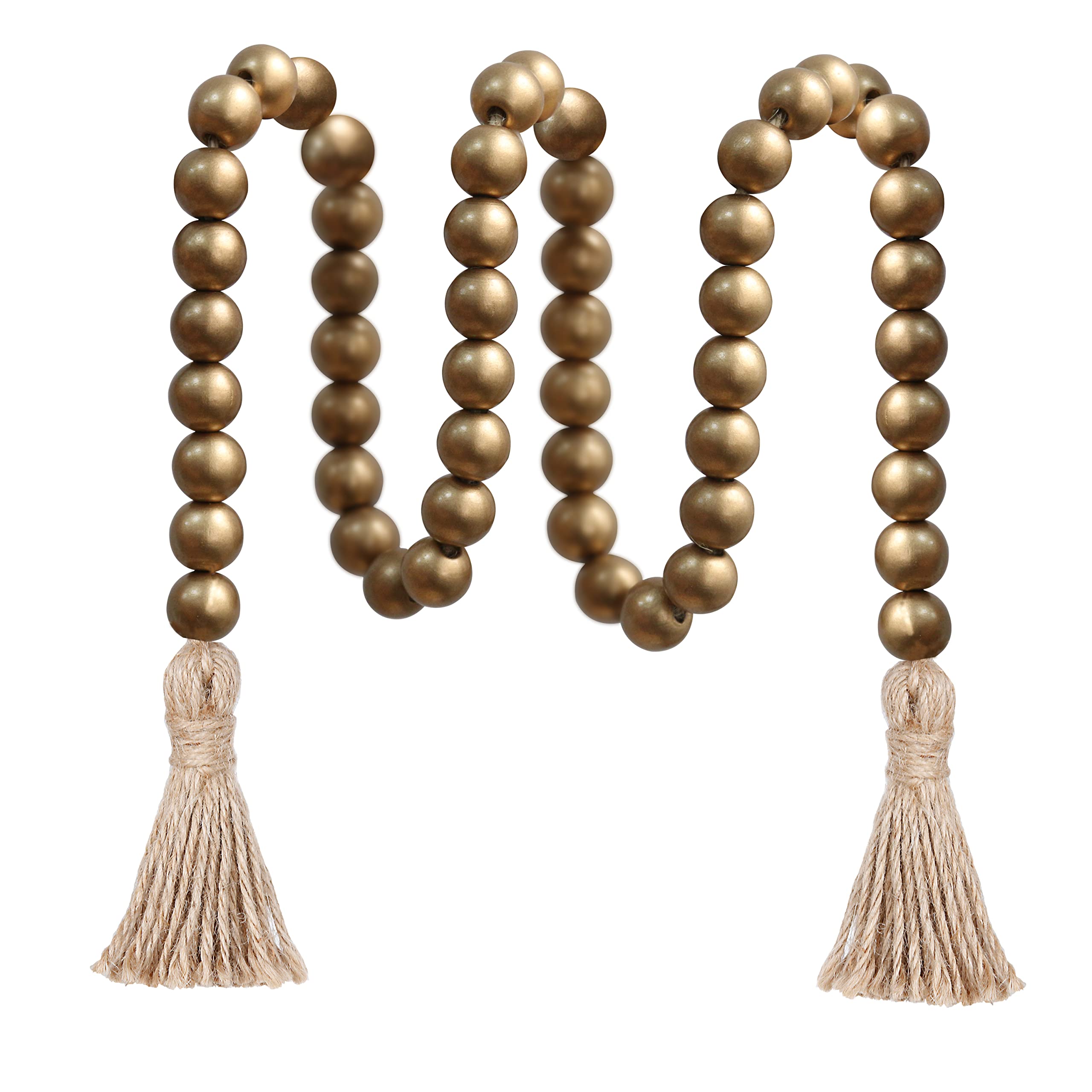 Meplait 39-inch Wood Bead Garland with Tassels - Farmhouse Boho Chic Wall Hanging Decor for Home, Bedroom, Wedding & Prayer Beads (Gold) | Perfect for Rustic Weddings, Nursery Decor & Boho Home Styling