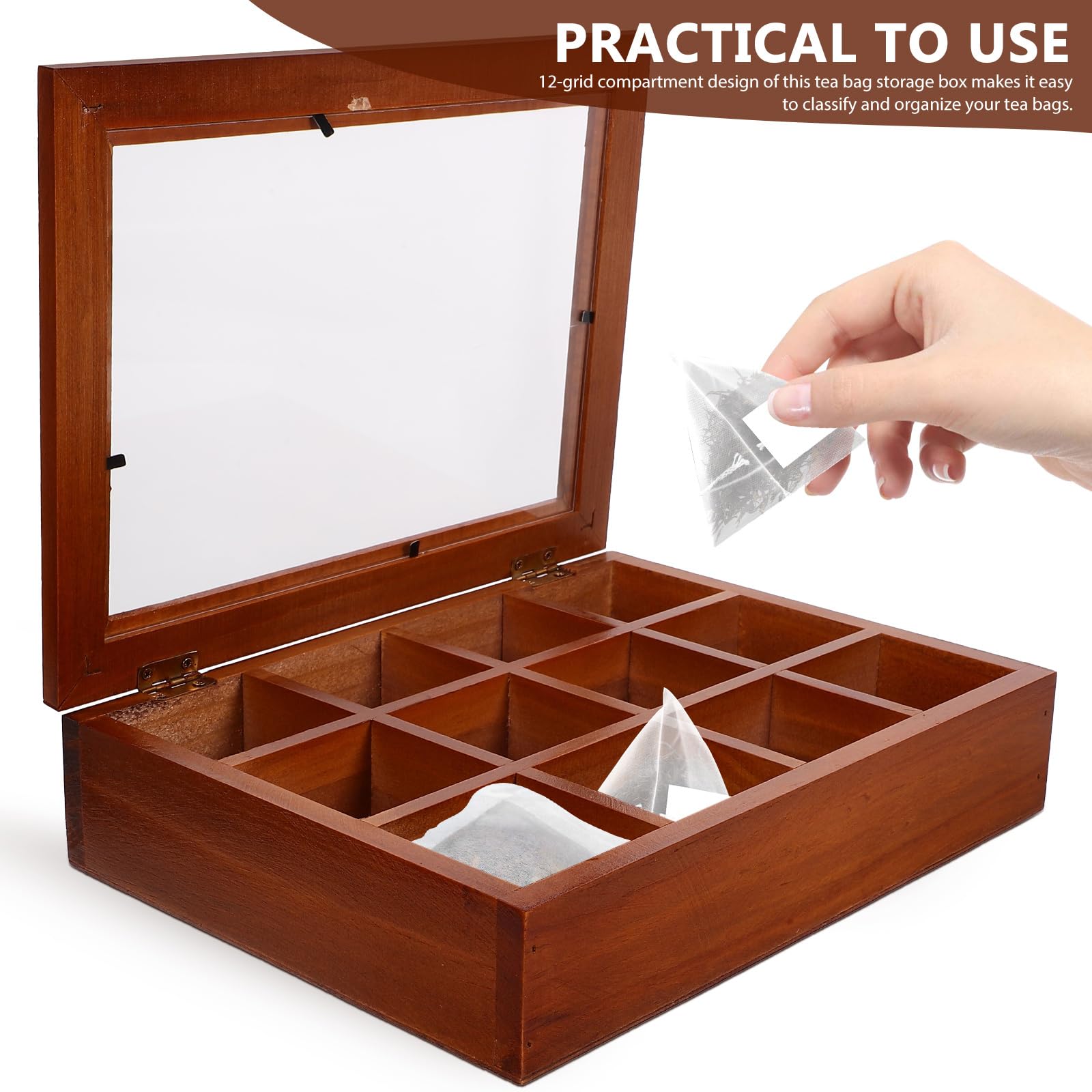 Premium Wooden Tea Box Organizer with Acrylic Window Lid - 12 Compartment Tea Bag Storage Chest for Coffee, Sugar, Sweeteners & Creamer (10.24 x 7.68 x 2.36 Inches) - Perfect for Kitchen Countertop, Pantry Organization & Gift Giving