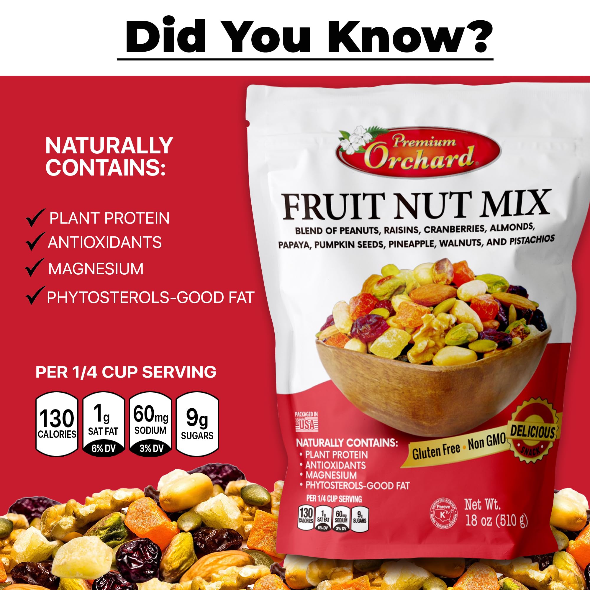 Premium Orchard Gourmet Trail Mix - Healthy Vegan Snack with Mixed Nuts & Dried Fruits | Non-GMO, Natural Plant Protein Source | 18oz Bulk Nut & Fruit Blend for Hiking, Office Snacks & On-the-Go Energy