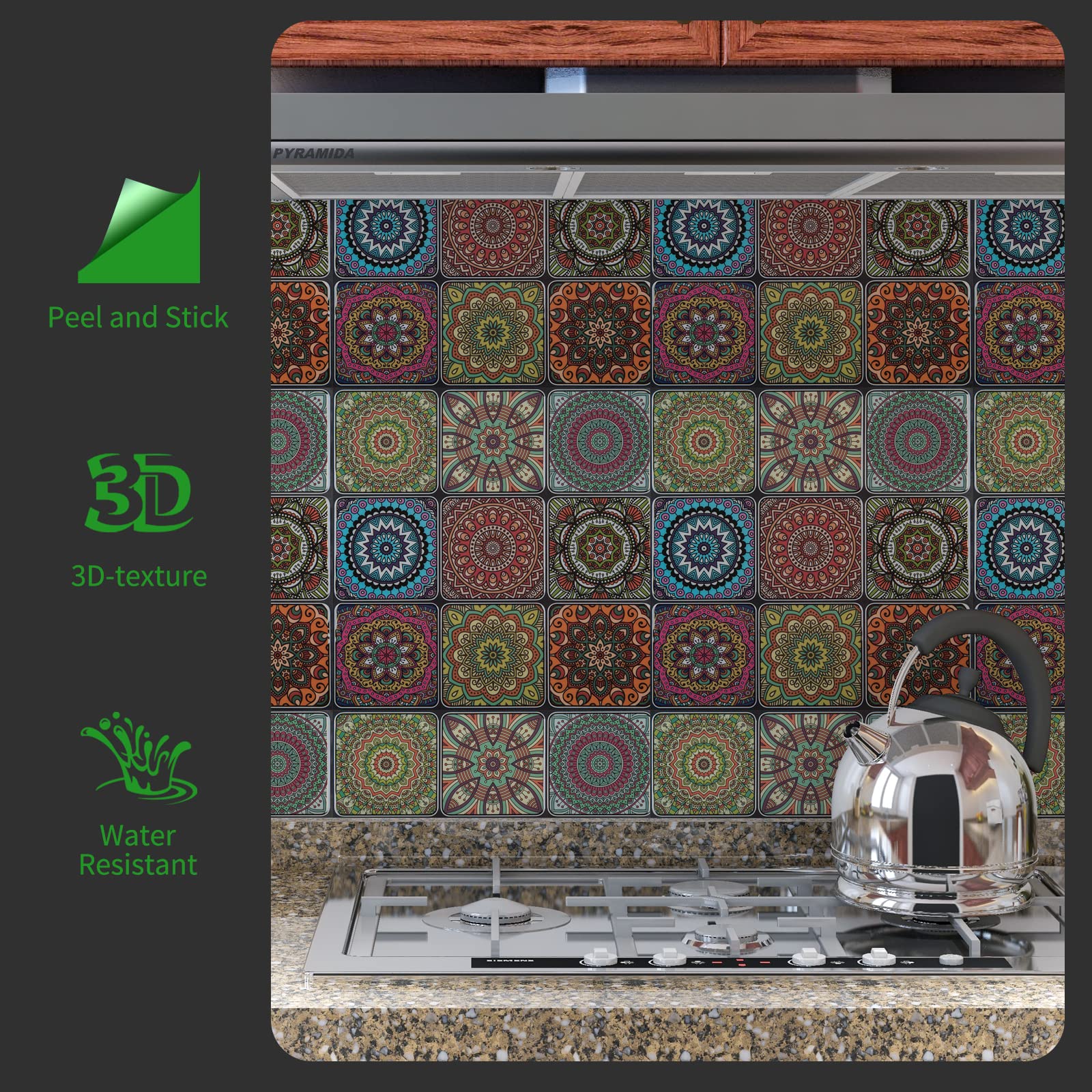 Self-Adhesive Moroccan Peel and Stick Backsplash Tiles - Waterproof Kitchen Wall Stickers (10 Sheets) - Easy DIY Home Decor for Backsplash, Bathroom & Rental Apartment Renovation
