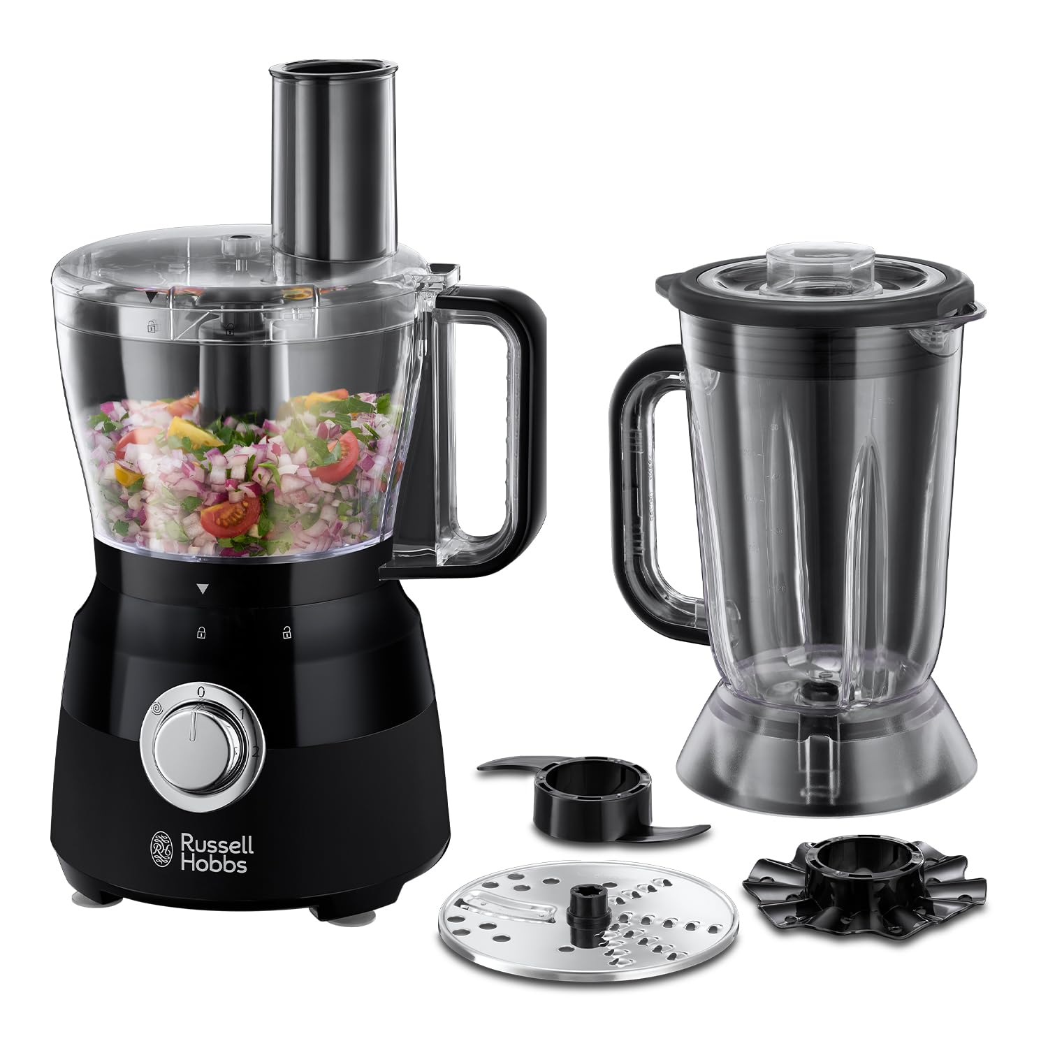 Russell Hobbs Desire 600W Electric Food Processor with 1.5L Bowl & Stainless Steel Blades - Includes Reversible Slicing/Shredding Disk, Dough Hook & Creaming Disk - Perfect for Chopping, Mixing & Baking at Home