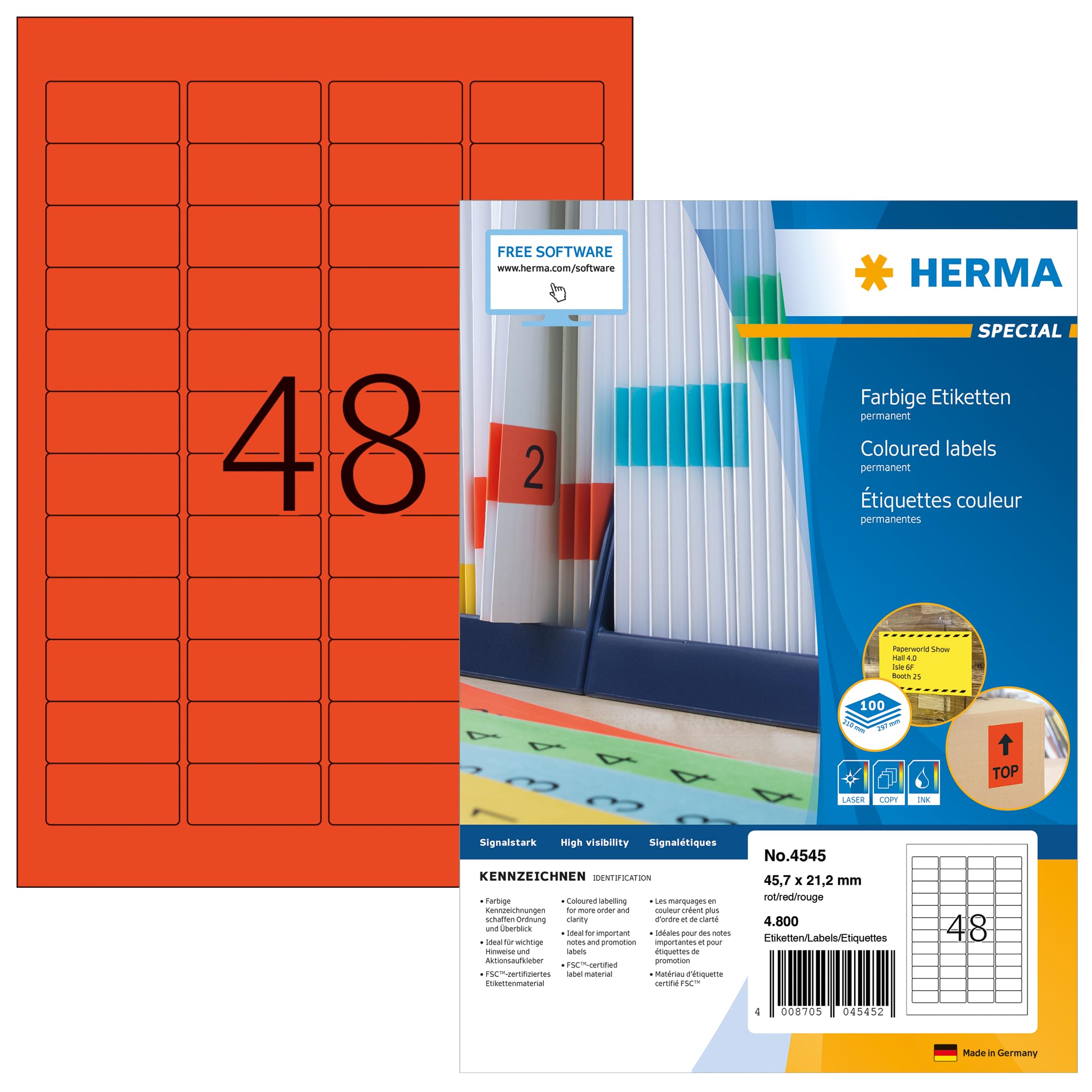 HERMA 4545 Self Adhesive Color Labels - 48 Labels per A4 Sheet, 1400 Sheets (67,200 Labels Total) - 45.7 x 21.2 mm Blank Red Stickers for Laser & Inkjet Printers | Perfect for Office Organization, Shipping Labels, Product Packaging & Craft Projects