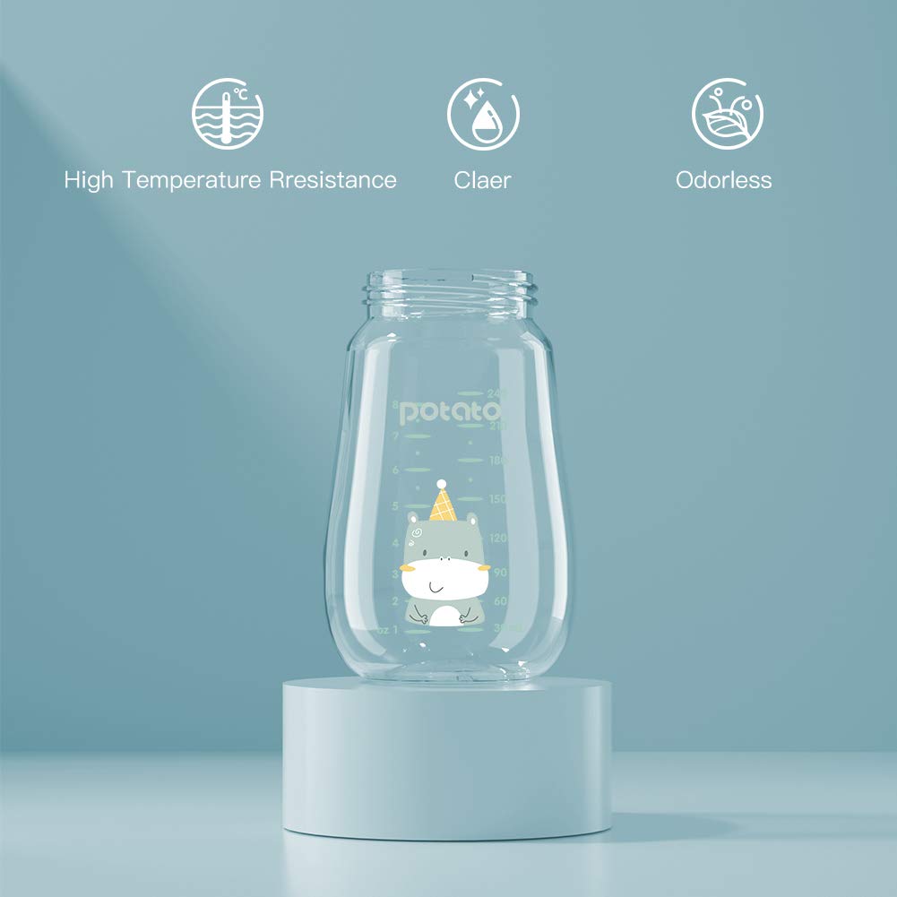 POTATO Glass Baby Bottles for Breastfeeding - Anti-Colic with Fast Flow Nipple for Babies 6-12 Months - 8 oz BPA-Free Bottle with 2 Replaceable Nipples - Perfect for Daycare, Travel & Night Feeding (Blue)