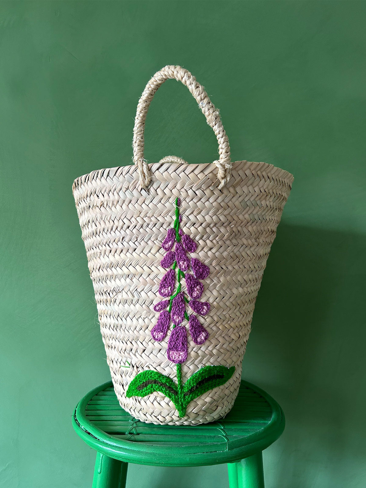 Hand Embroidered Foxglove Bucket Basket - Boho Home Decor Storage for Blankets, Toys & Magazines | Perfect for Living Room, Nursery & Bedroom Organization