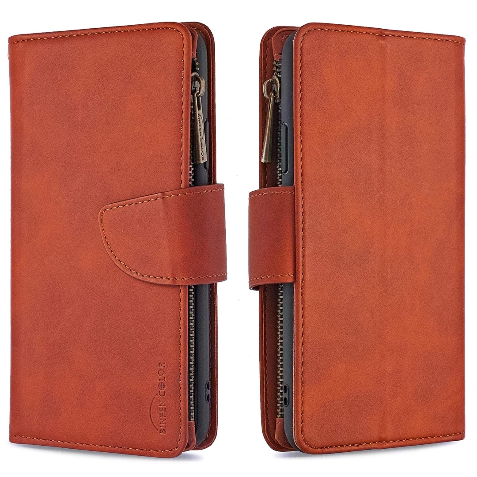 Samsung Galaxy S10 PU Leather Magnetic Flip Case - Detachable Zipper Wallet with Card Slots, Photo Frame & Lanyard | Eco-Friendly Brown Cover for Daily Use, Travel & Business Meetings