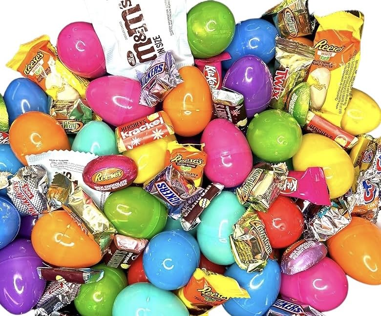 Pre-Filled Plastic Easter Eggs with Assorted Chocolate Candy - Hershey, M&M's, Mars - 25 Count Basket Stuffers for Easter Egg Hunts, Party Favors & Gift Baskets