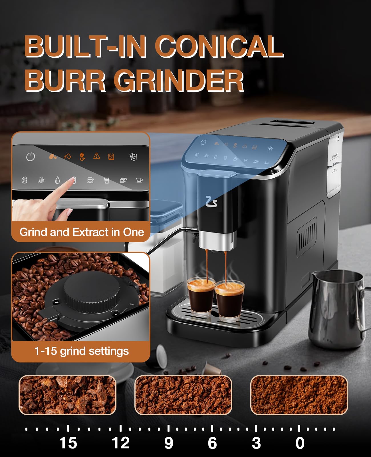 Fully Automatic Coffee Machine with 20 Bar Pressure, Built-in Grinder & Milk Frother, Adjustable Grind Size (1-15 Levels), 1.5L Water Tank - Perfect for Making Espresso, Cappuccino & Latte at Home | Ideal for Morning Brews, Office Use & Entertaining Guests