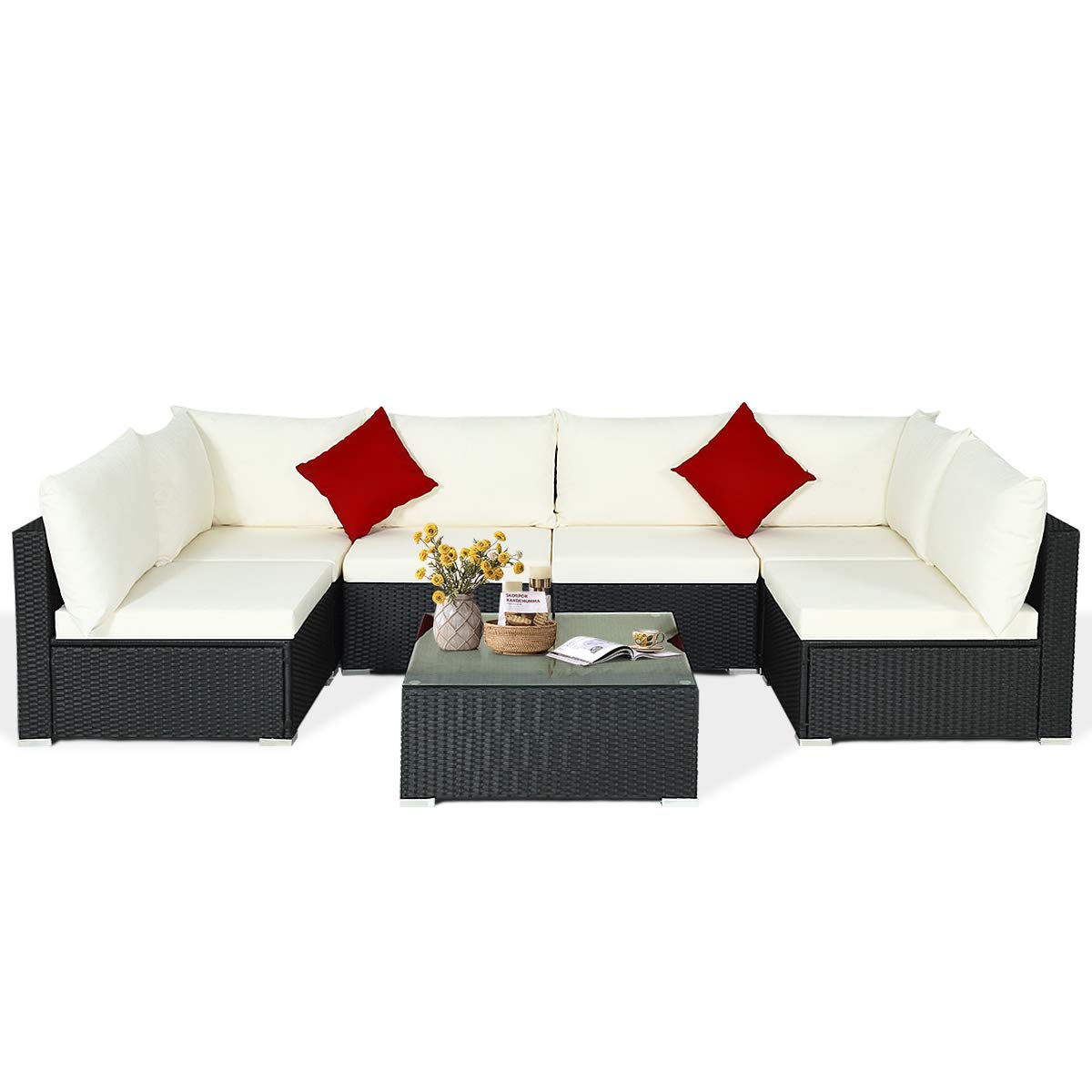 HappyGrill 7-Pc Rattan Patio Set with Cushions & Table - Outdoor Garden Furniture for Lawn Relaxation