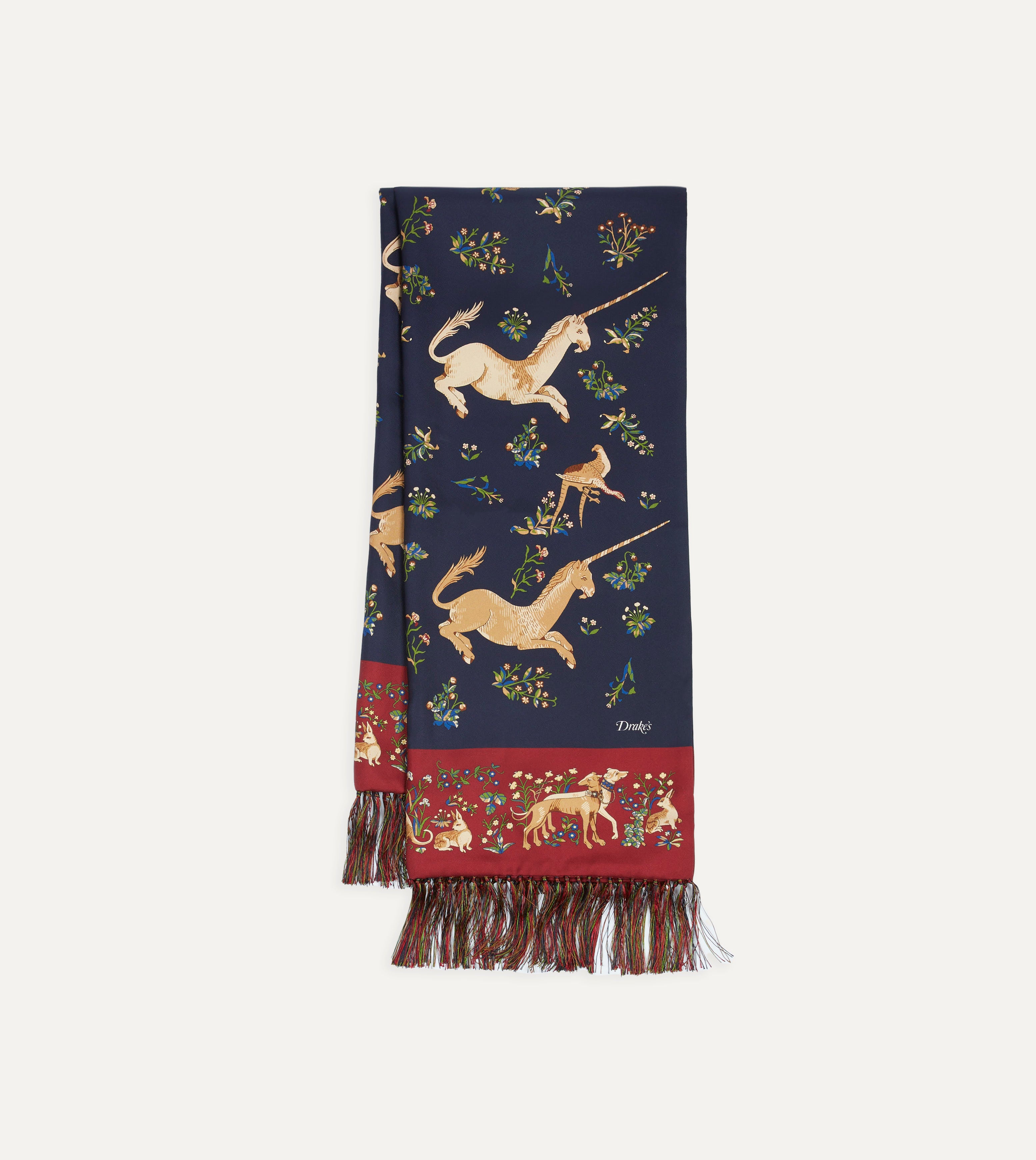 Navy Blue Unicorn Print Silk Scarf with Tassels - Elegant Fashion Accessory for Women, Perfect for Parties, Weddings & Everyday Wear