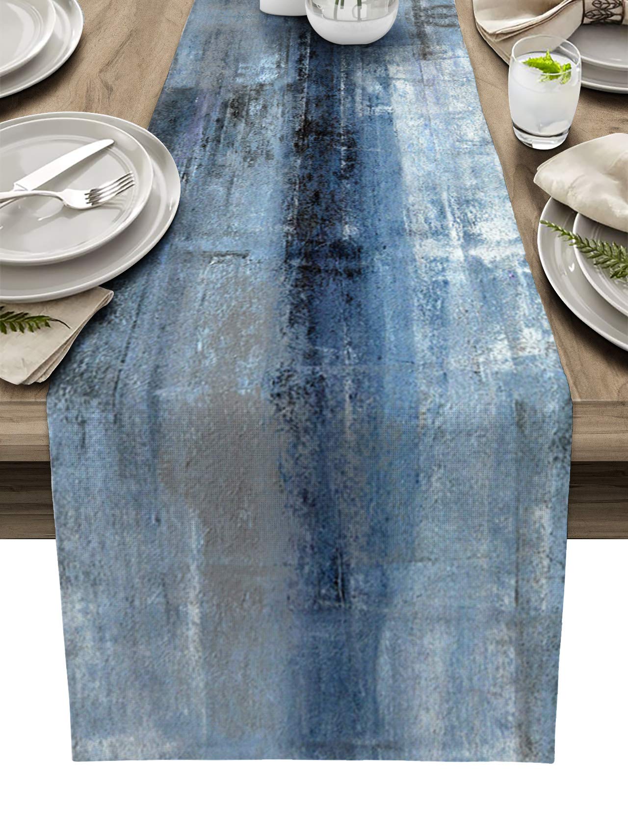70 Inch Blue Abstract Watercolor Table Runner - Cotton Linen Farmhouse Decor for Dining Table, Wedding, Holiday & End Table - Perfect for Rustic, Boho & Vintage Home Styling