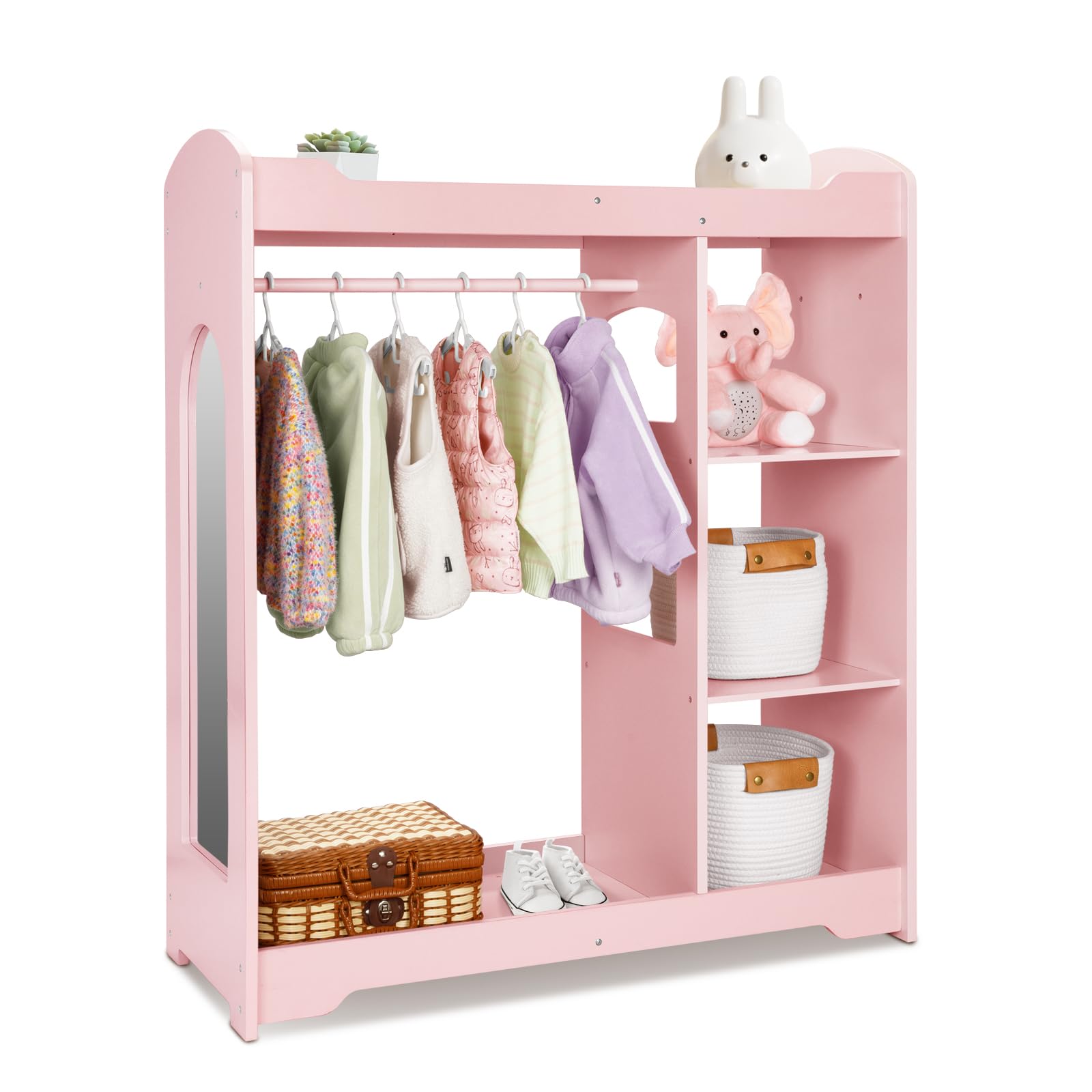 Kids Clothes Rack with Mirror & Armoire - Adjustable Height Children's Wardrobe with Anti-Tip Safety Feature - Toddler Closet Organizer for Bedroom & Nursery - Perfect for Teaching Kids Independence & Clothing Organization