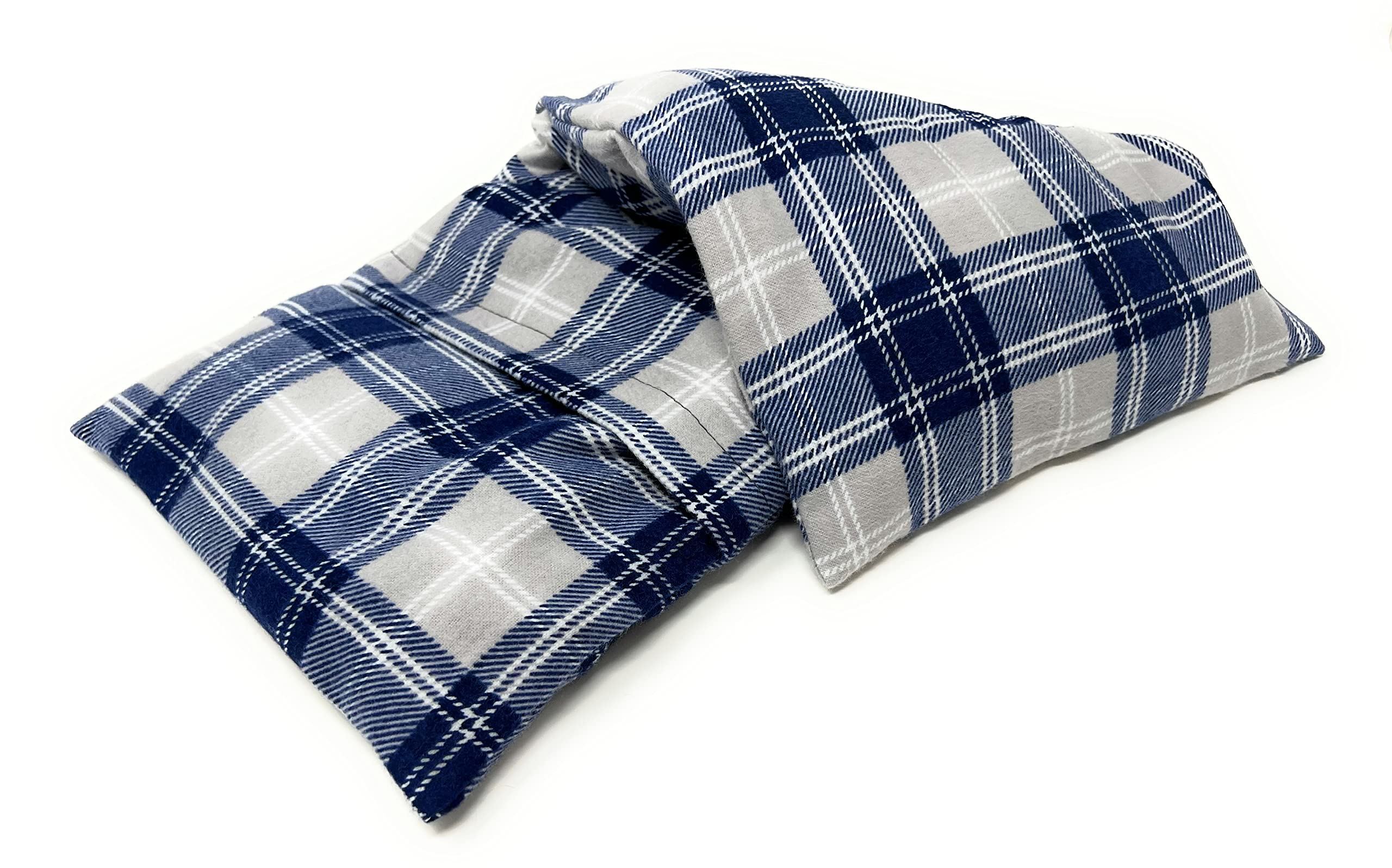 Organic Reusable Unscented Flax Seed Heating Pad - Large Hot & Cold Therapy Pack for Back Pain, Cramps, Neck & Shoulder Relief - Microwaveable, Blue Grey Plaid Design - Perfect for Home, Office & Travel Use
