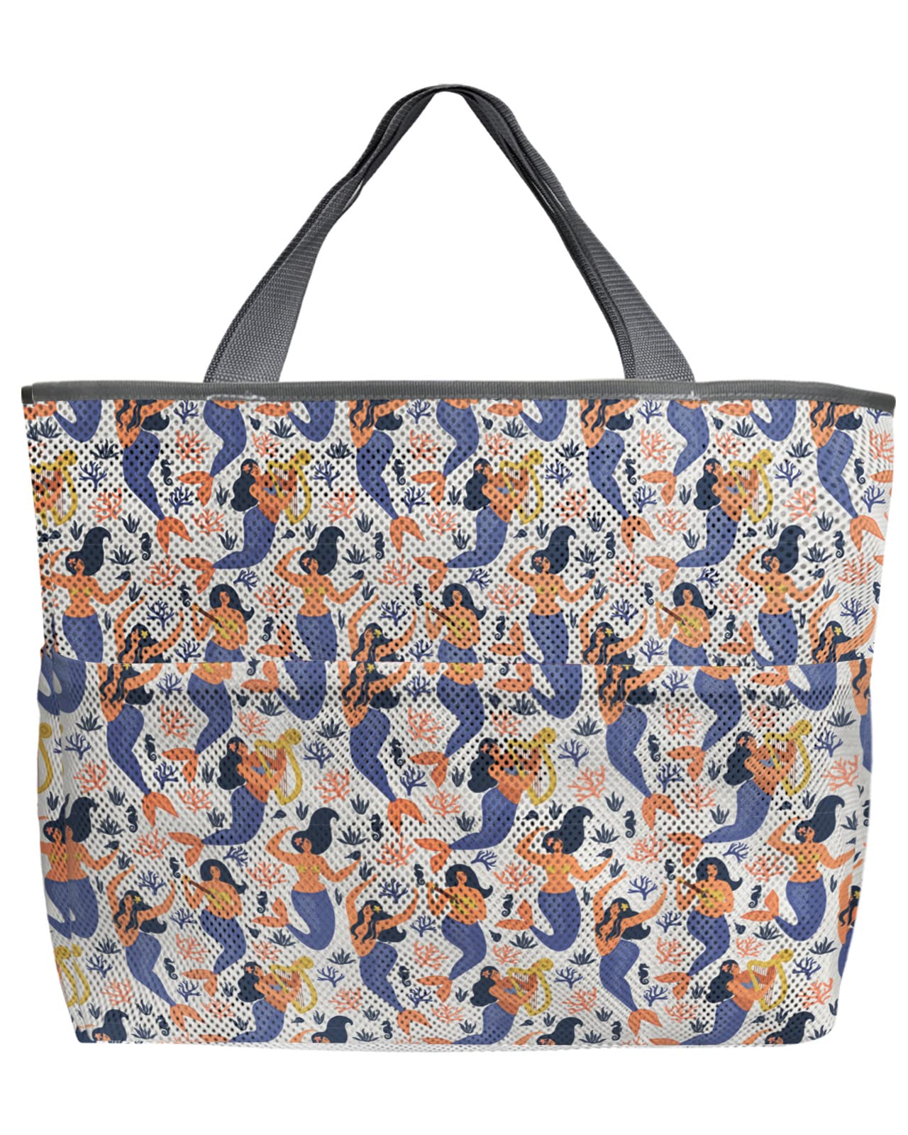 **Mesh Beach Tote Bag - 60L Oversized Cartoon Mermaid & Seahorse Design, Quick-Dry Swim Bag with Pockets, Foldable & Lightweight (24