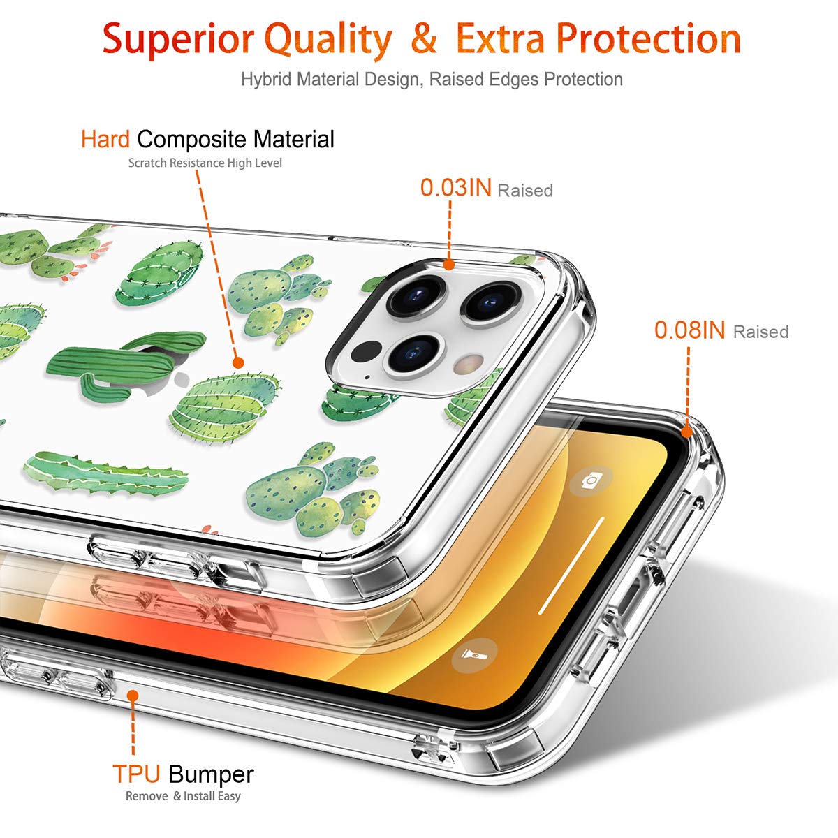 GiiKa iPhone 12 Pro Max Case with Screen Protector - Clear Shockproof Floral Design Hard Case with TPU Bumper - Protective Phone Cover for Women & Girls (Green Cactus) - Perfect for Everyday Use, Travel & Outdoor Activities