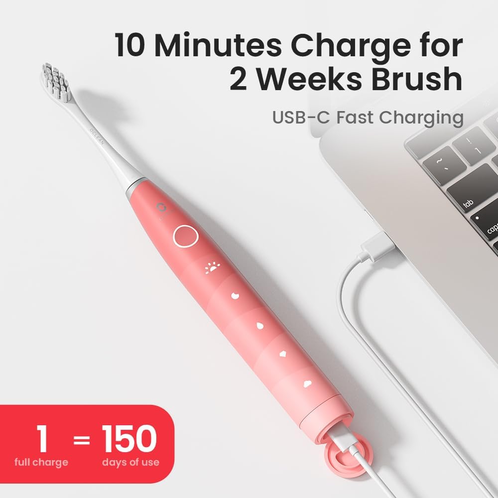Oclean Electric Toothbrush for Adults - 150 Days Battery Life, USB Rechargeable Sonic Toothbrush with 6 Brush Heads & Travel Case, 5 Cleaning Modes & Smart Timer - Perfect for Travel, Home & Daily Oral Care