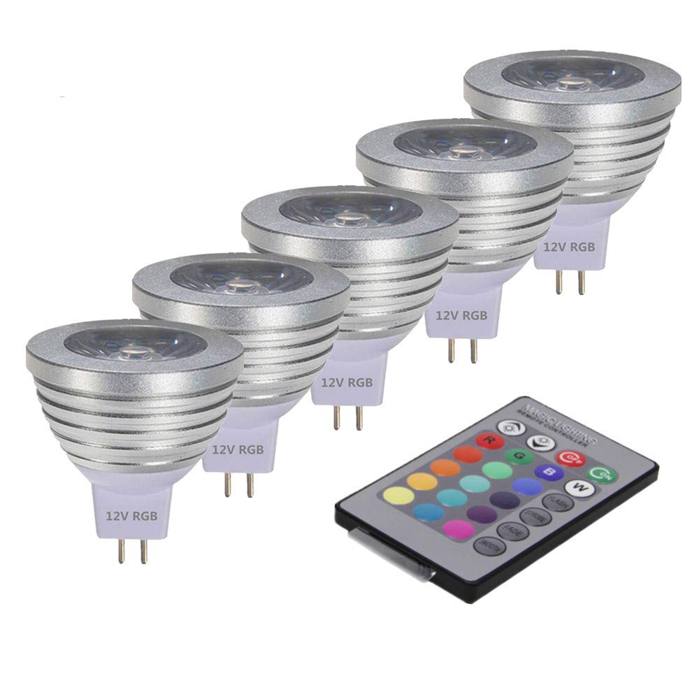 MR16 3W RGB Color Changing LED Spotlight with IR Remote Control - Dimmable 12V Mood Lighting for Home, Landscape & Ambiance (Pack of 5) - Perfect for Parties, Holidays & Outdoor Decor