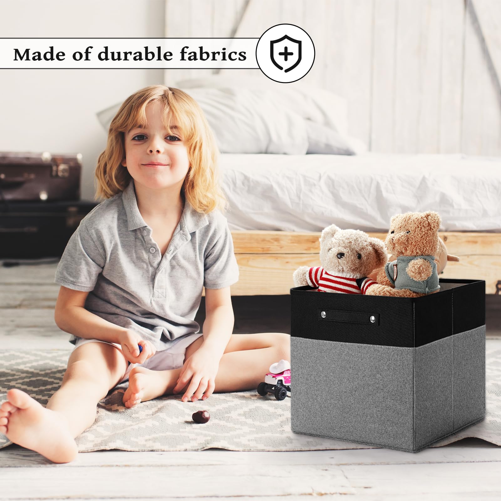13 x 13 Inch Premium Linen Storage Bins with Handles - Fabric Cube Organizer Boxes, Collapsible Closet Baskets for Shelves, Drawers & Home Organization (Black/Gray, 4-Pack) - Perfect for Bedroom, Nursery & Office Storage Solutions