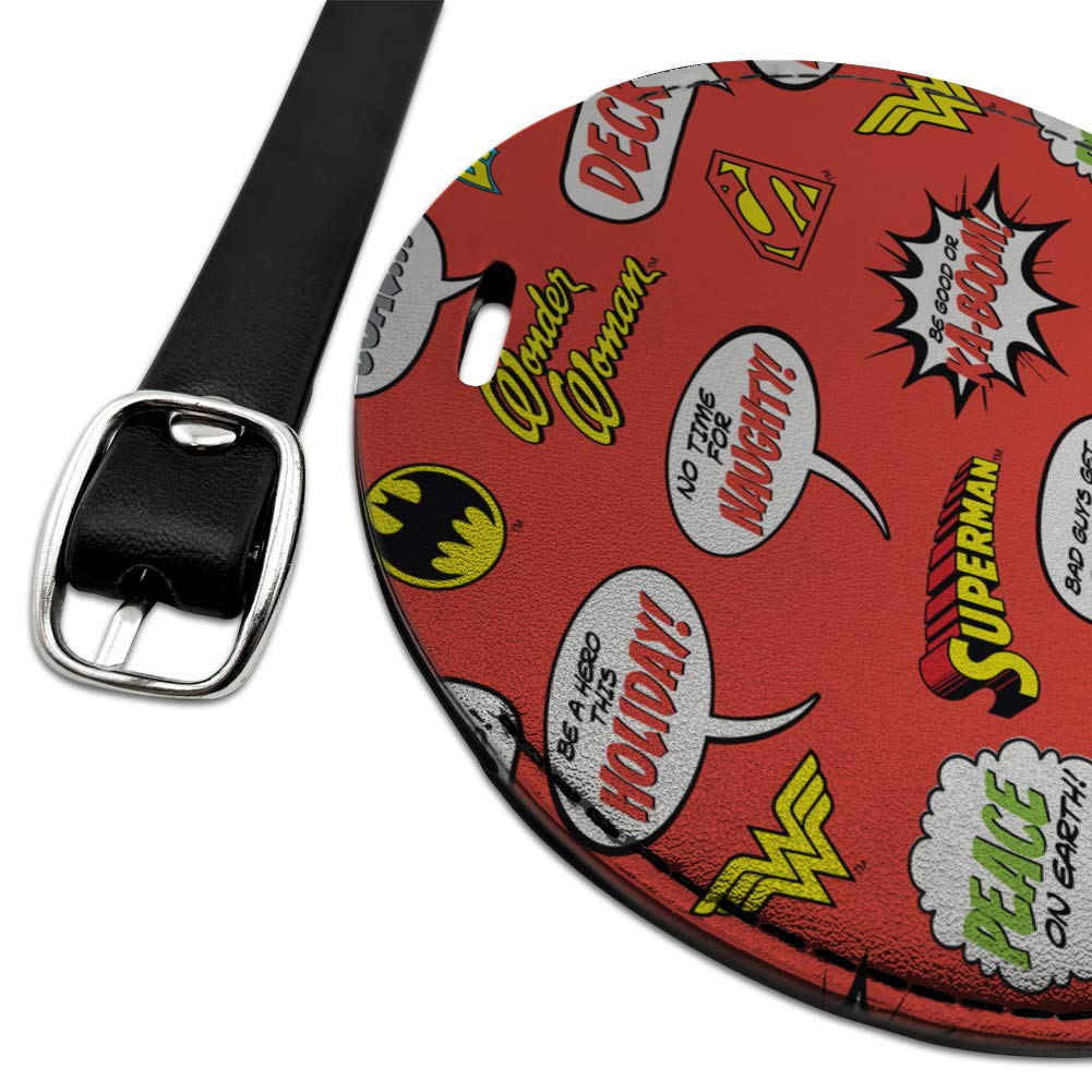Justice League Superhero Speech Bubbles Pattern Round Leather Luggage Tag - Comic Book Inspired Travel ID Card Holder for Suitcases, Backpacks & Carry-On Bags