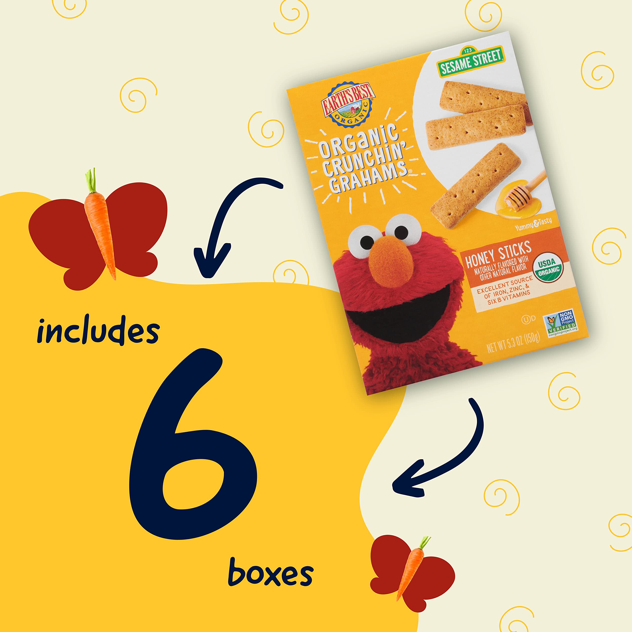 Organic Sesame Street Toddler Snacks - Earth's Best Crunchin' Grahams for Kids 2+ Years | Honey Flavored Healthy Snack with Natural Ingredients | 5.3oz Box (Pack of 6) | Perfect for Lunchboxes, Daycare & On-the-Go Snacking