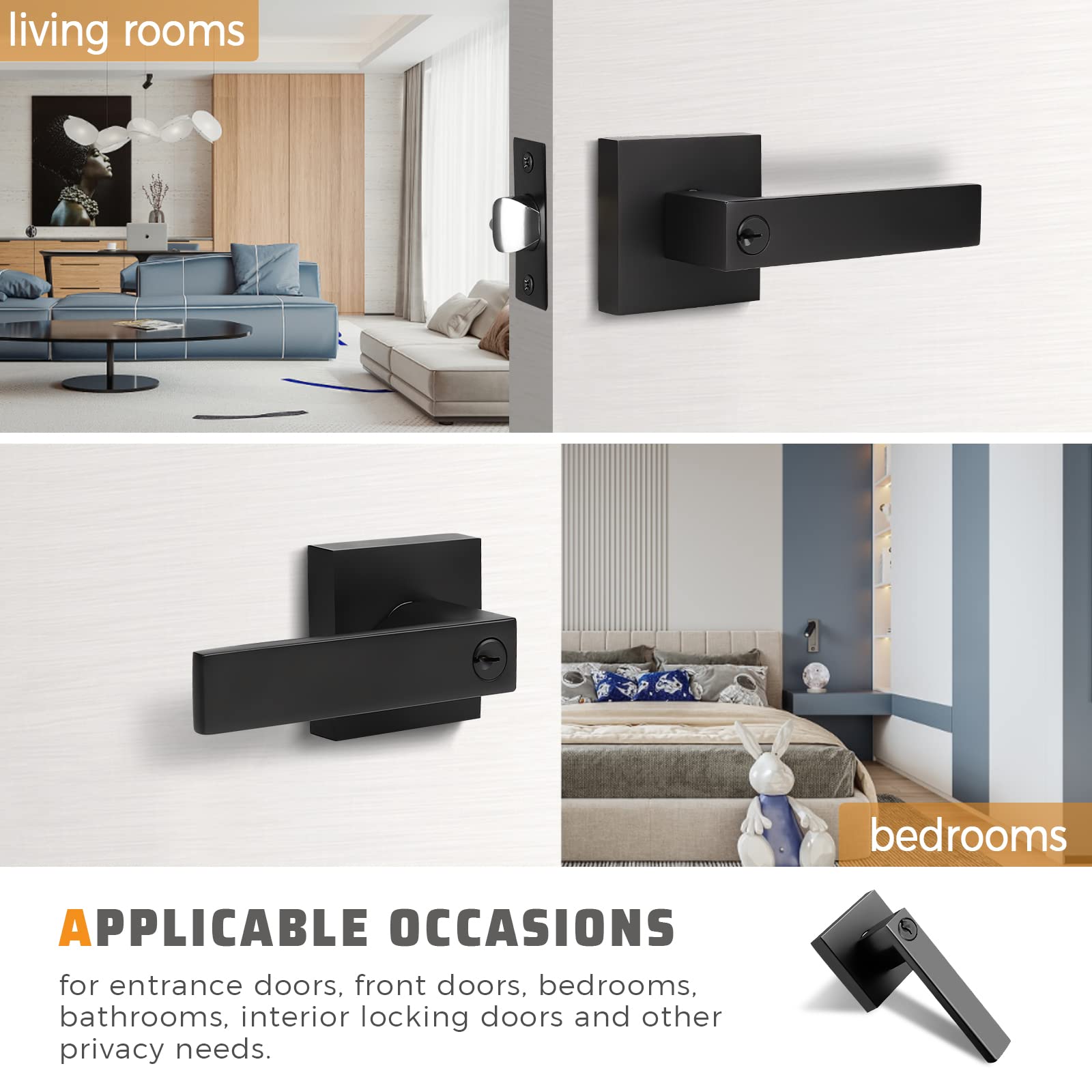 KNOBWELL 8 Pack Black Entry Door Handles with Keyed Lock - Gate & Front Door Leverset for Right/Left Hand Doors (Same Key) - Perfect for Home Security, Apartment Buildings & Commercial Properties