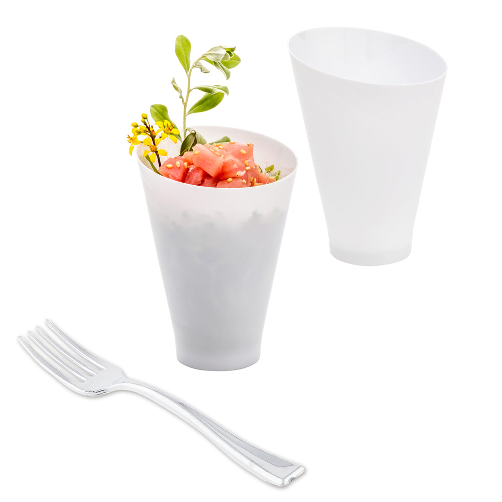 100 Pack 7 oz Round White Plastic Incline Glasses & 100 Silver Mini Plastic Forks - Perfect for Parties, Weddings, and Catering Events