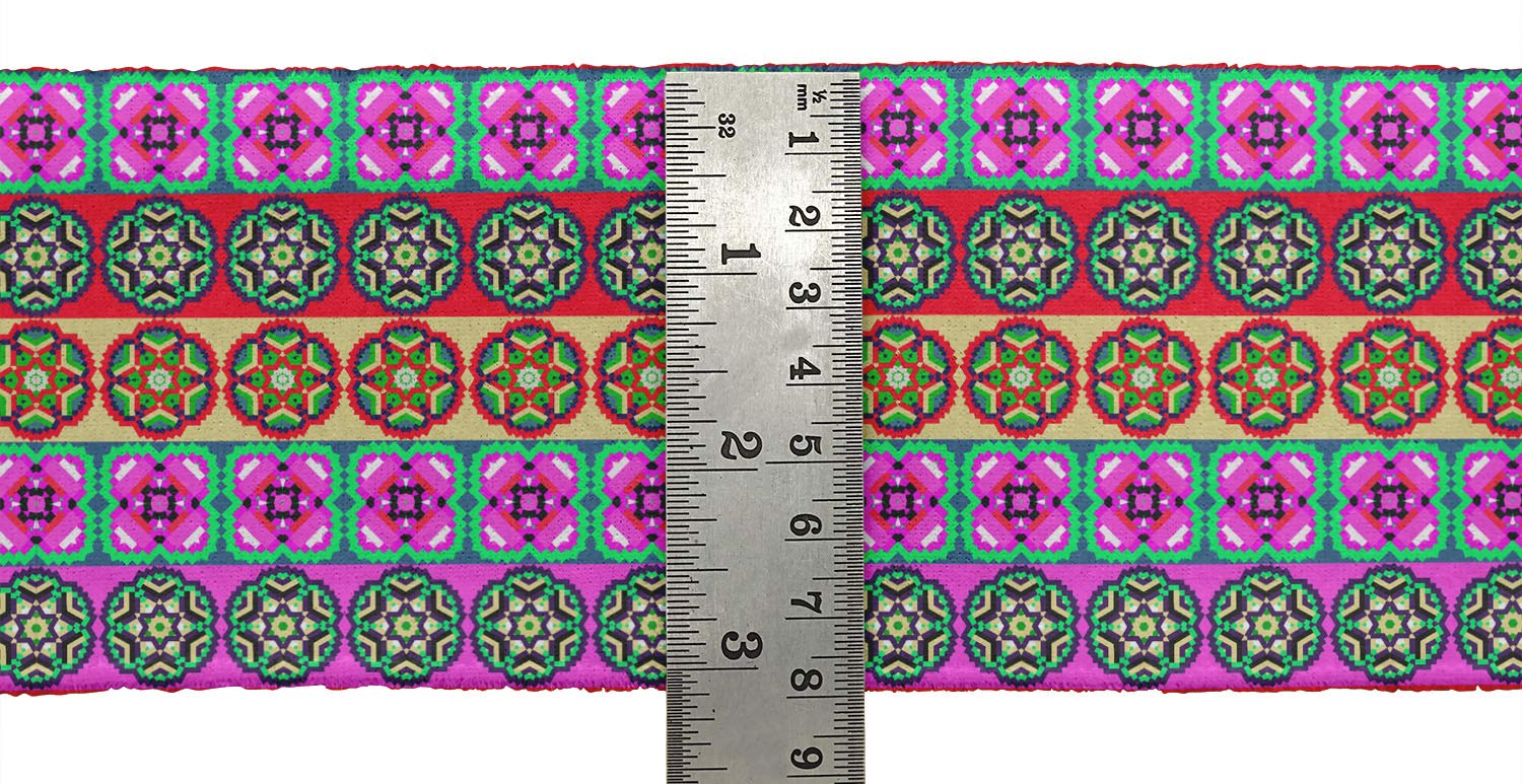 Purple Stripe & Mandala Floral Printed Dupion Fabric Lace Trim - 9 Yard x 4 Inch Sewing Border Ribbon for DIY Crafts, Home Decor, and Clothing Embellishment