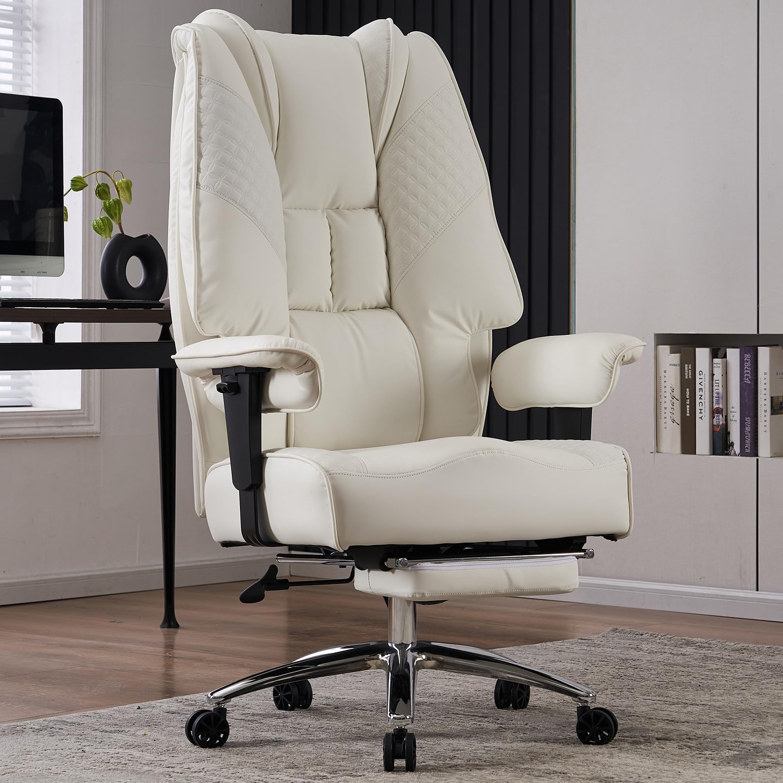 Big and Tall Office Chair 400lbs Capacity - Wide Leather Executive Chair with High Back, Footrest & Ergonomic Lumbar Support for Back Pain Relief - Heavy Duty Comfort for Long Work Hours (White) - Perfect for Home Office, Gaming, and Professional Workspaces