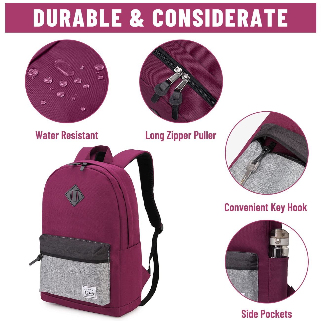 VASCHY Waterproof Backpack for Men & Women - School, Work & Travel