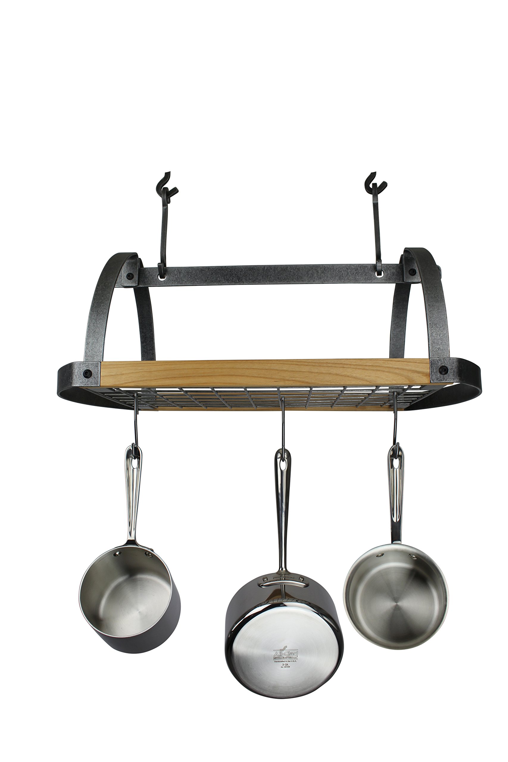 Enclume Decor Oval Ceiling Pot Rack with Alder Wood & Hammered Steel - Rustic Kitchen Organizer for Hanging Cookware & Utensils