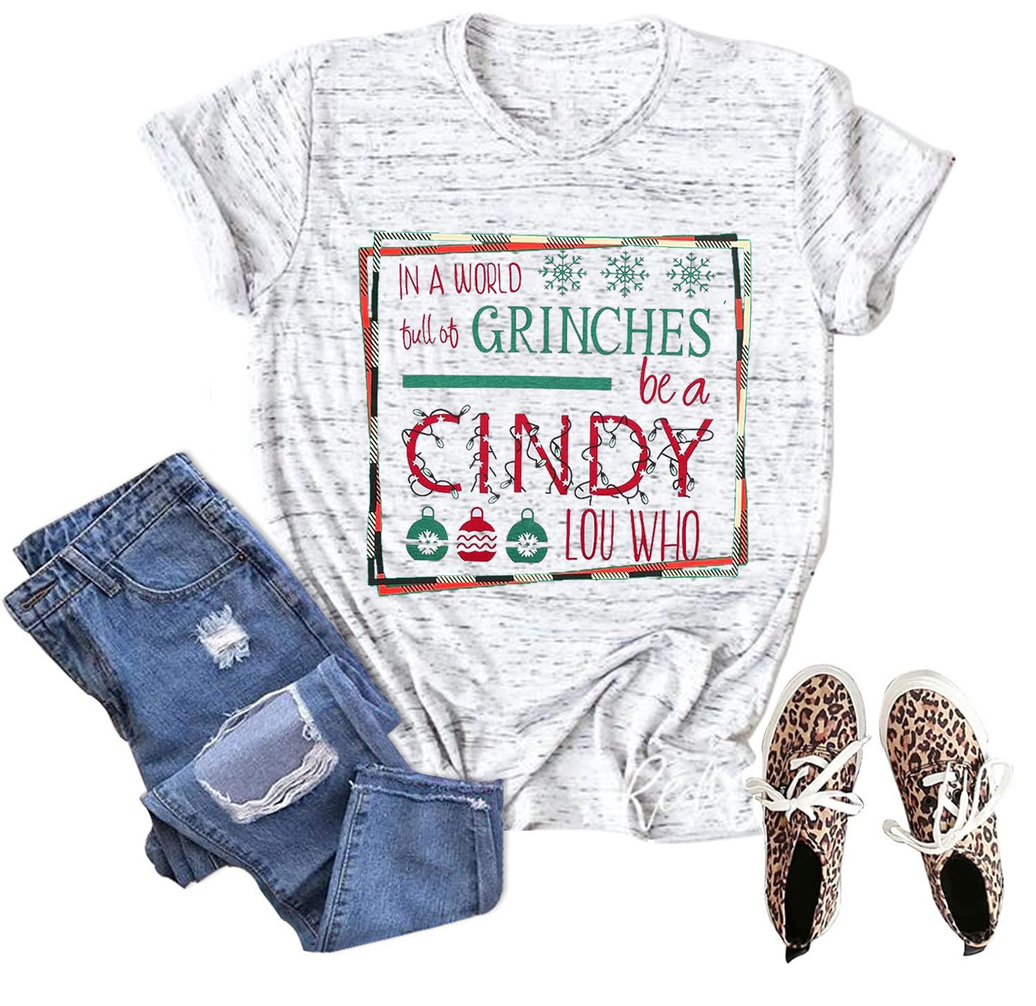 Women's Cindy Lou Who Christmas T-Shirt - Holiday Casual Short Sleeve Tee Top for Festive Parties & Family Gatherings