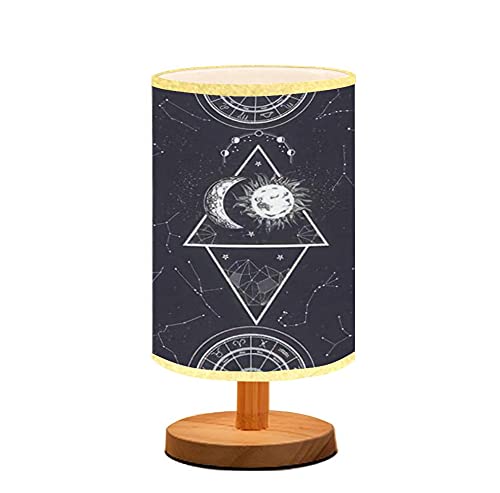 Zodiac Moon Phase Table Lamp - Minimalist Wooden Nightstand Light with Flaxen Fabric Shade for Bedroom, Living Room & Nursing | Celestial Decor, Astrology Gift, Breastfeeding Lighting Solution