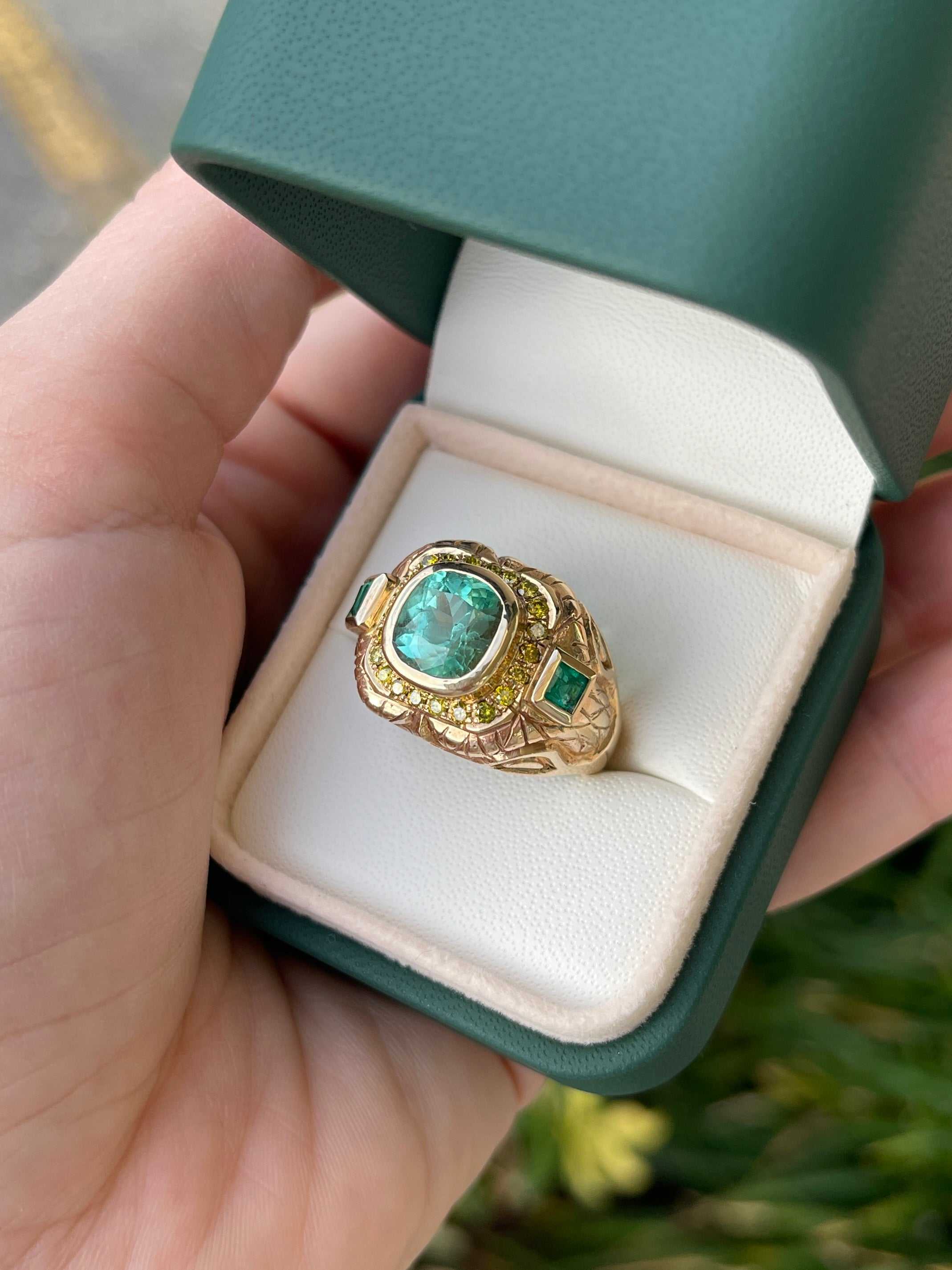 4.18tcw 14K Gold Colombian Emerald Cushion Cut & Princess Cut Yellow Diamond Accent Men's Ring for Wedding, Engagement & Special Occasions