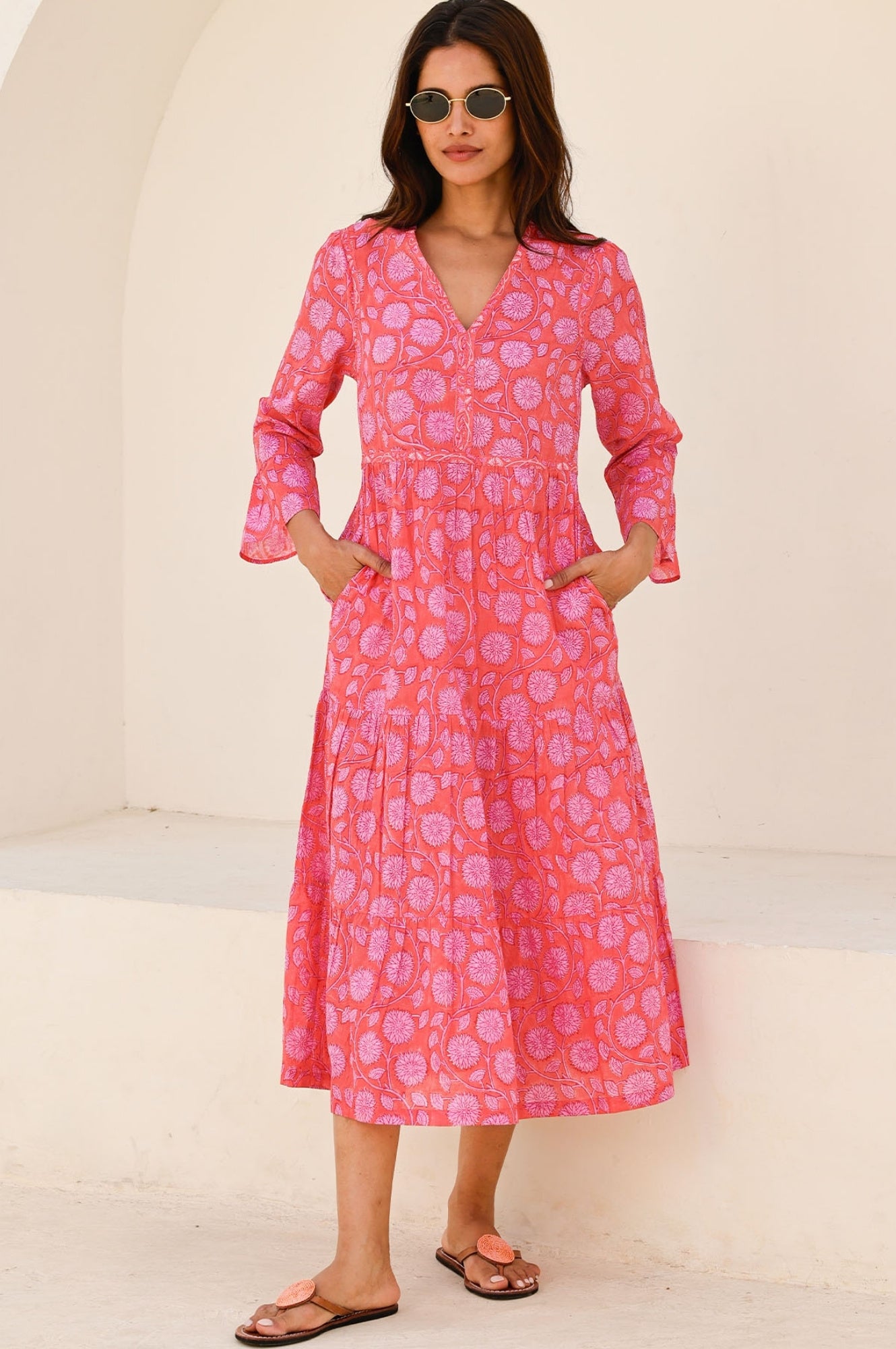 Hayden Block Print Dress in Mara Red & Pink | Floral Cotton Maxi Dress for Women | Perfect for Summer, Beach, and Boho Fashion
