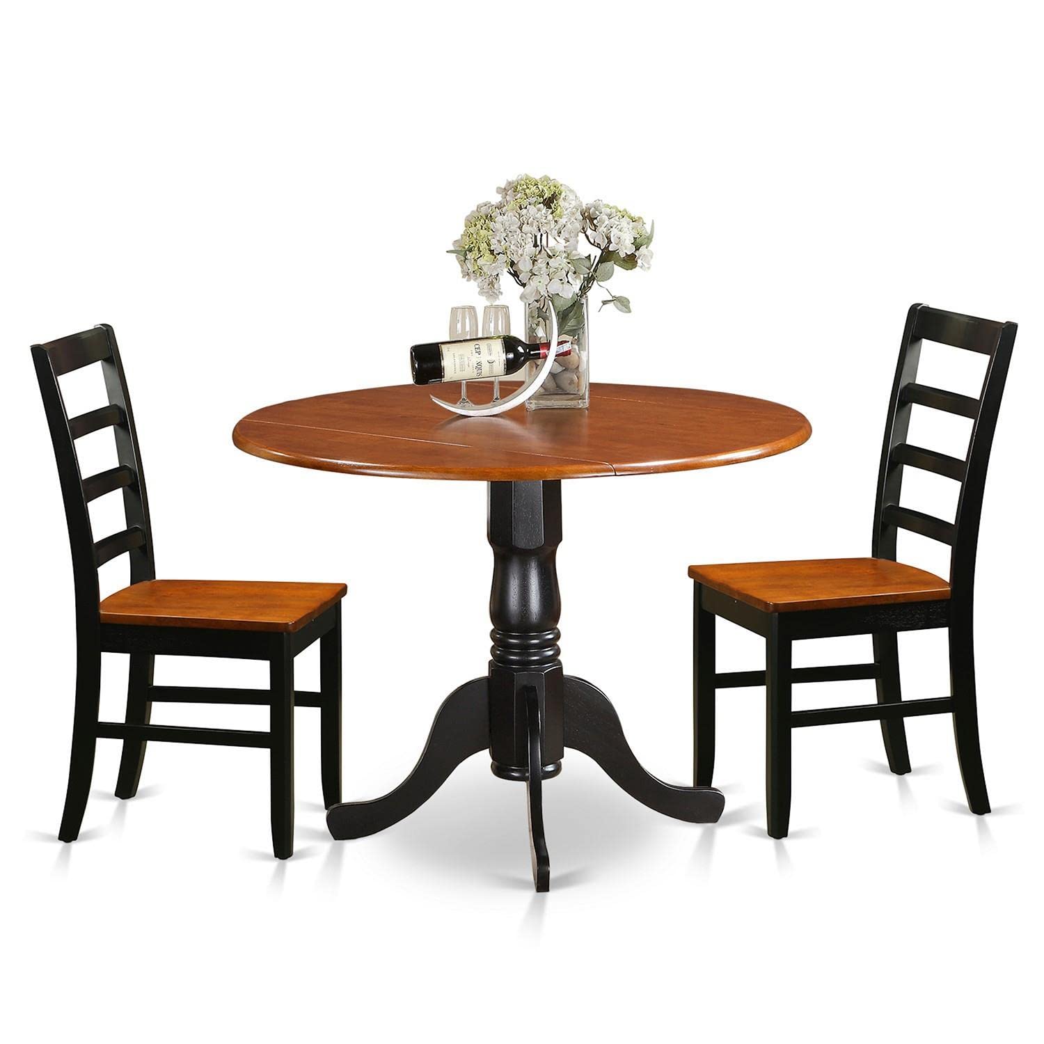 East West Furniture 3-Piece Dinette Set for Small Spaces - Round Drop Leaf Dining Table & 2 Chairs, 42x42 Inch, Black & Cherry - Perfect for Apartments, Breakfast Nooks & Cozy Dining Areas