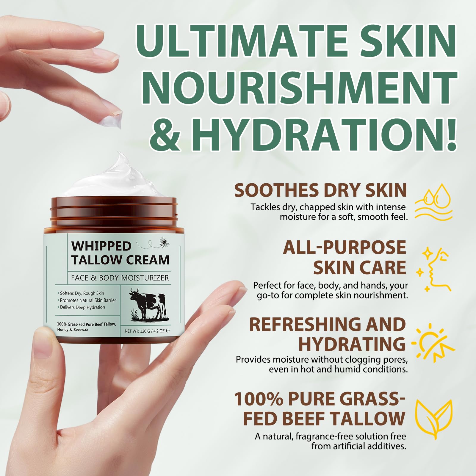 2PCS Organic Beef Tallow Balm for Skin - Natural Whipped Tallow Cream with Honey & Beeswax for Face & Body Moisturizer - Sensitive Skin Care Lotion - Perfect for Dry Skin Relief & Nighttime Hydration