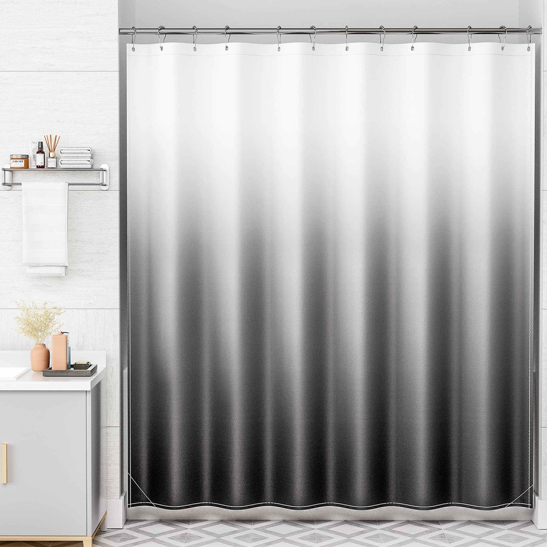 AmazerBath Ombre Black & White Fabric Shower Curtain Set - 72x72 Inch Washable Cloth Bath Curtain with 12 Hooks for Rustic Farmhouse Bathroom Decor - Perfect for Modern, Vintage & Boho Style Bathrooms