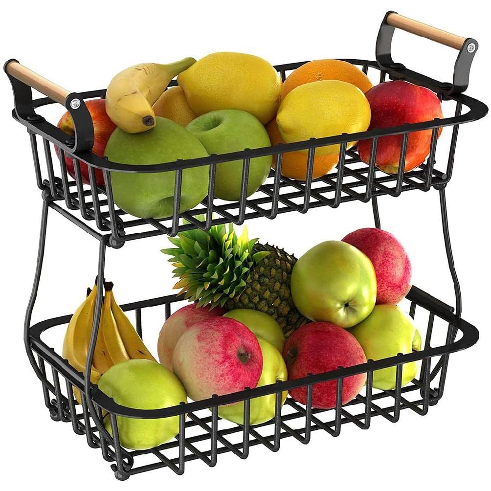 2-Tier Detachable Metal Fruit Basket with Wooden Handle - Kitchen Storage Organizer for Fruits, Vegetables, Bread, Cakes & Biscuits | Perfect for Home, Kitchen Counter & Party Serving