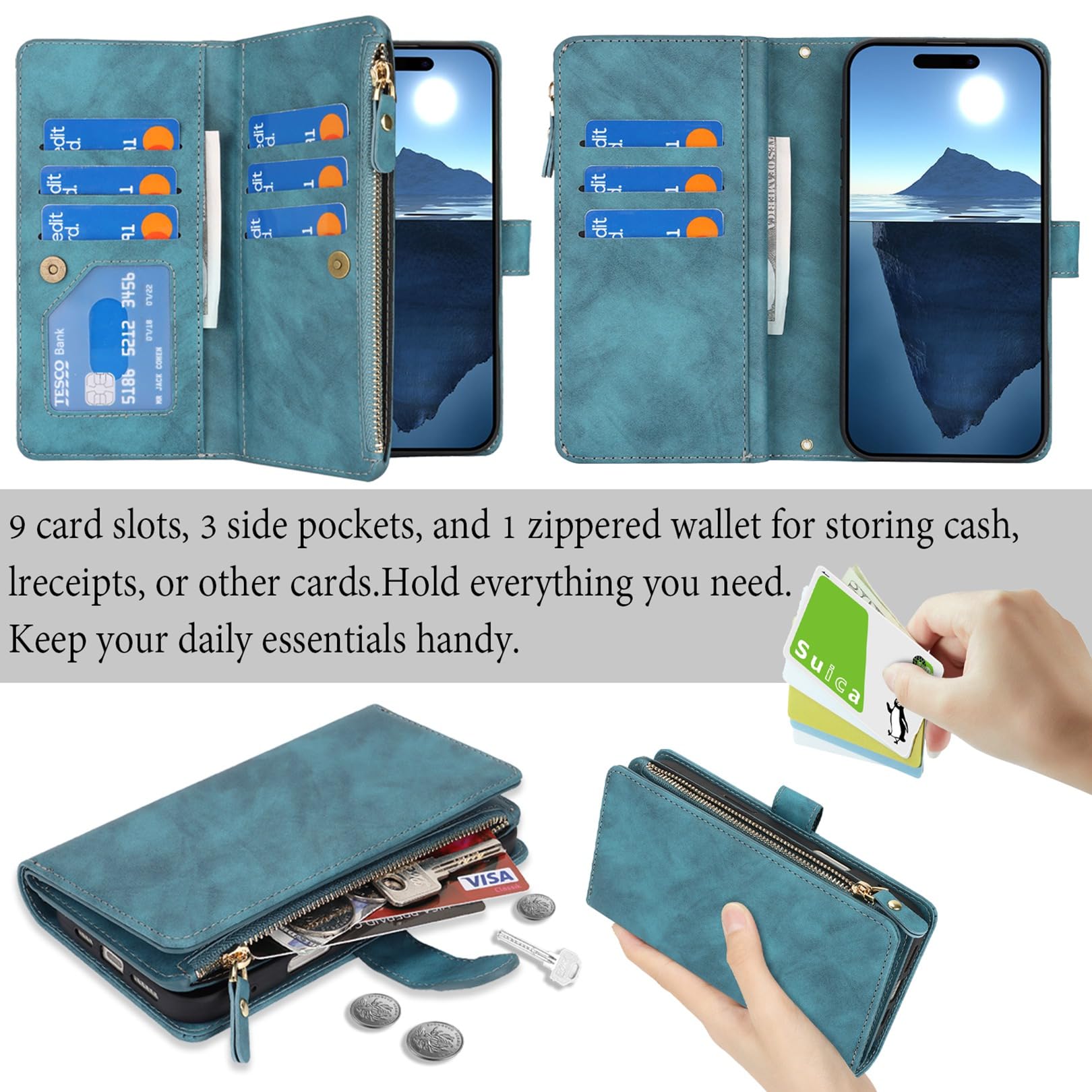 Premium PU Leather iPhone 16 Pro Wallet Case with Card Holder & Zipper Pocket - Crossbody Strap & Shoulder Lanyard - Women's Fashion Phone Cover (6.3