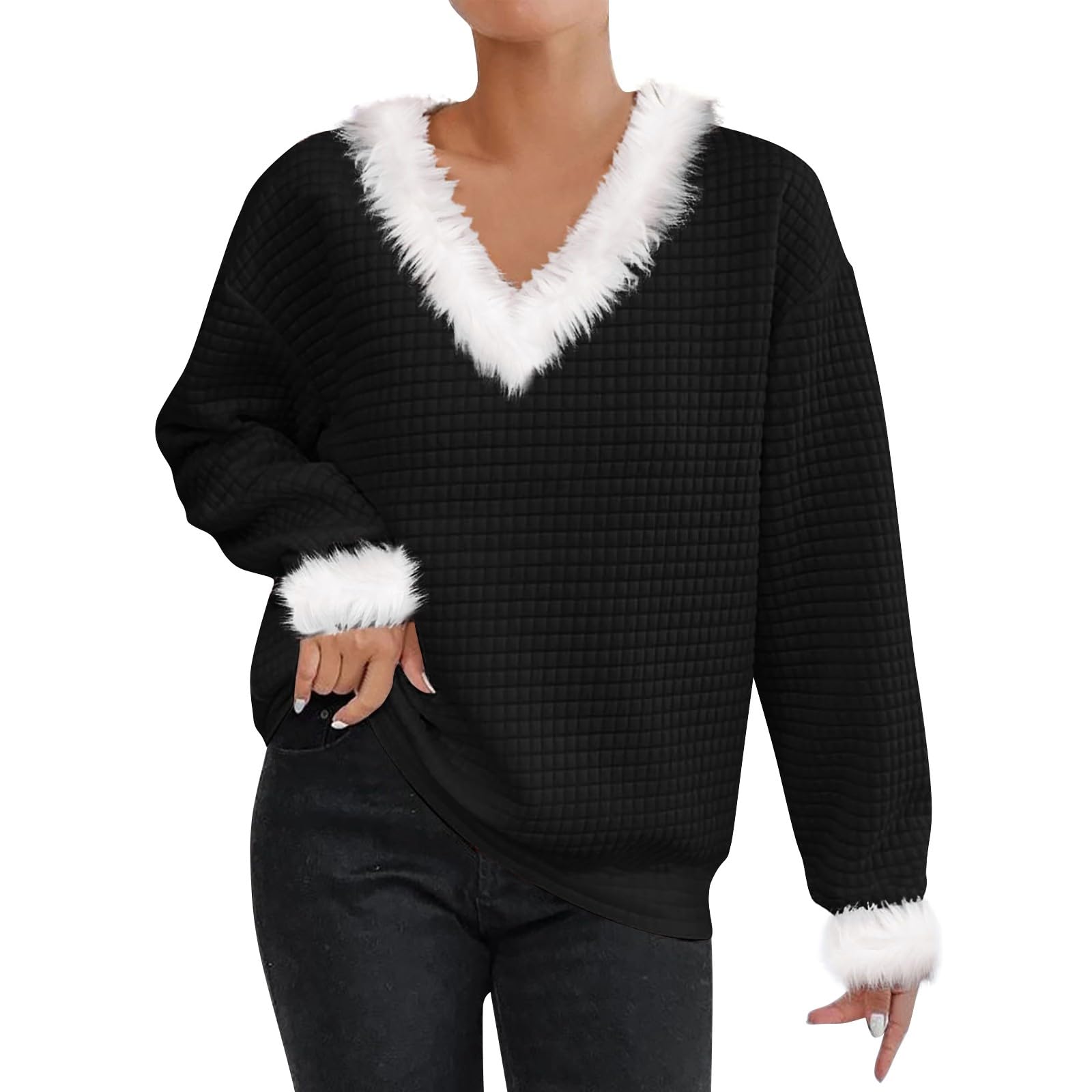 Women's Waffle Knit Christmas Sweater with Faux Fur Trim - Oversized Holiday Hooded Pullover Sweatshirt & Tunic Top for Cozy Winter Outfits | Perfect for Christmas Parties, Family Gatherings & Festive Seasonal Wear