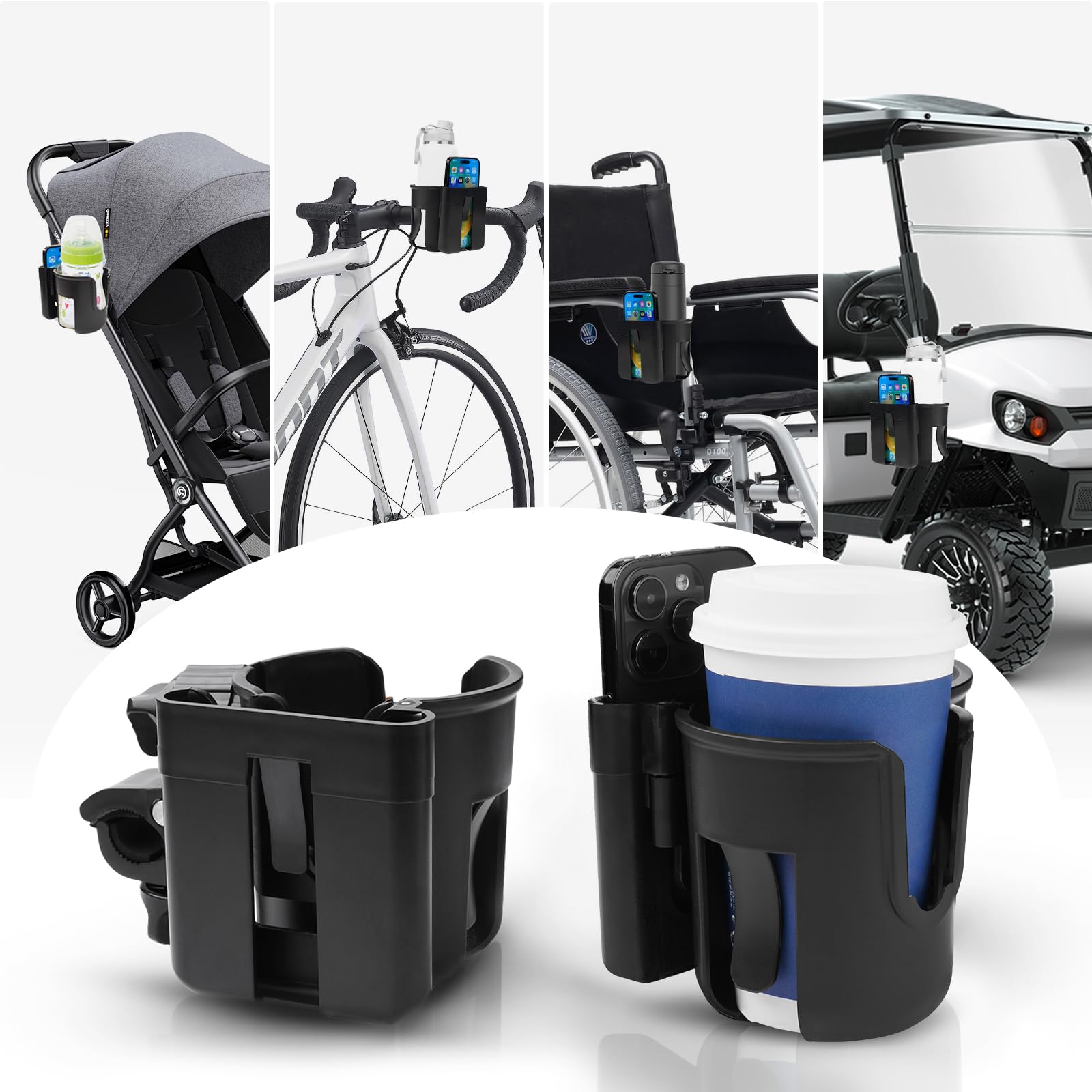 2-in-1 Universal Cup Holder with Phone Mount - Removable Dual Cup & Phone Holder for Car, Boat, Stroller, Wheelchair, Bicycle, Golf Cart - Perfect for Travel, Outdoor Activities and Daily Commute [Black]