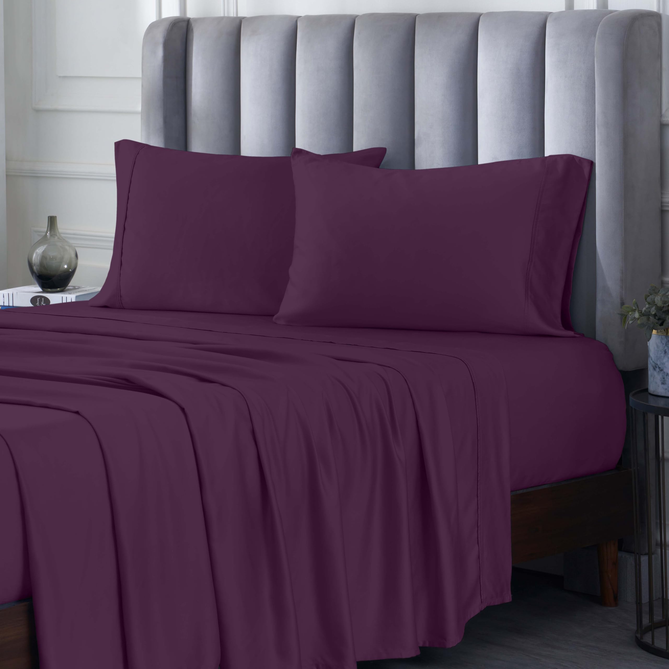 Premium 300-Thread Count Bamboo Rayon Bed Sheet Set - King Size Deep Pocket Fitted Sheet + Flat Sheet + 2 Pillowcases - Ultra Soft Sateen Weave Luxury Bedding in Purple - Perfect for Master Bedroom, Guest Room & Hotel Style Comfort